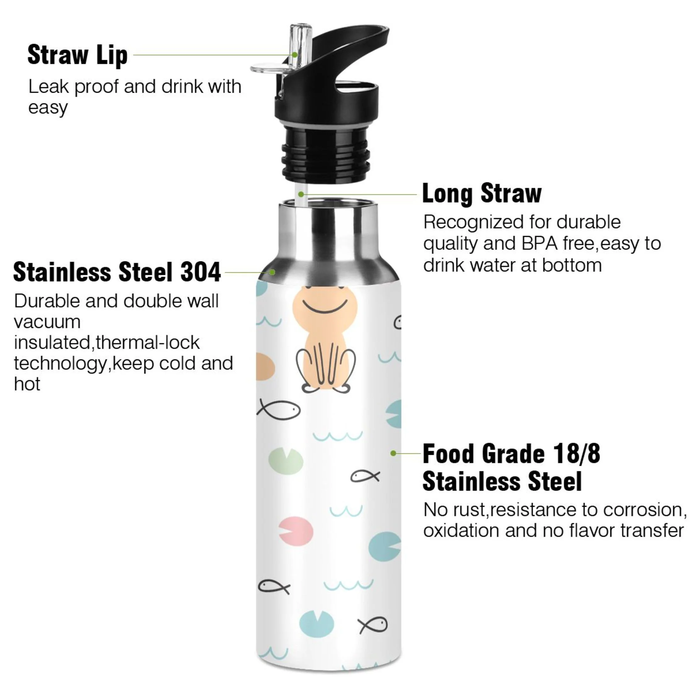 Water Bottle with Straw Lid Leak Cute Cartoon Frogs Fishes Stainless Steel Insulated Thermos Vacuum Flask for Cold Hot Drinking for Sports Camping Gym Yoga