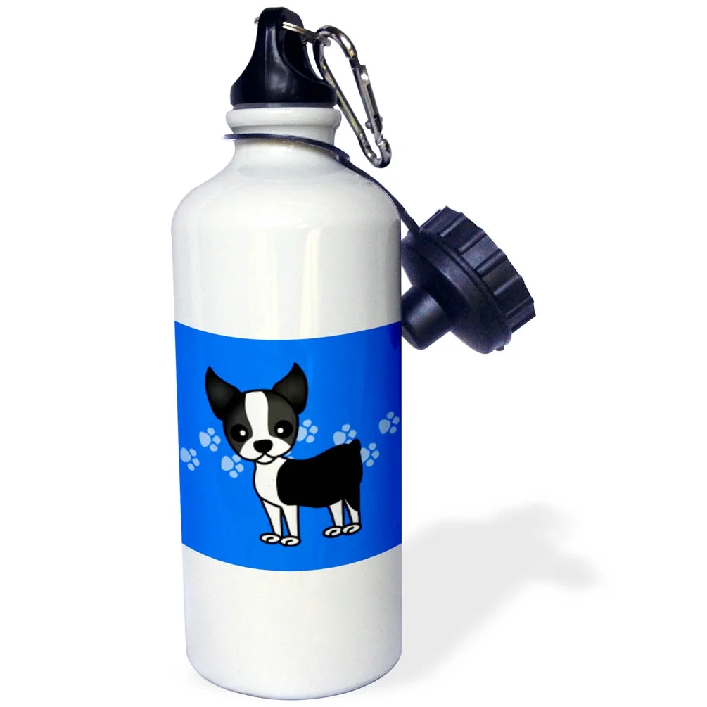 3dRose Cute Boston Terrier Blue Paw print Background - Sports Water Bottle, 21 oz, White