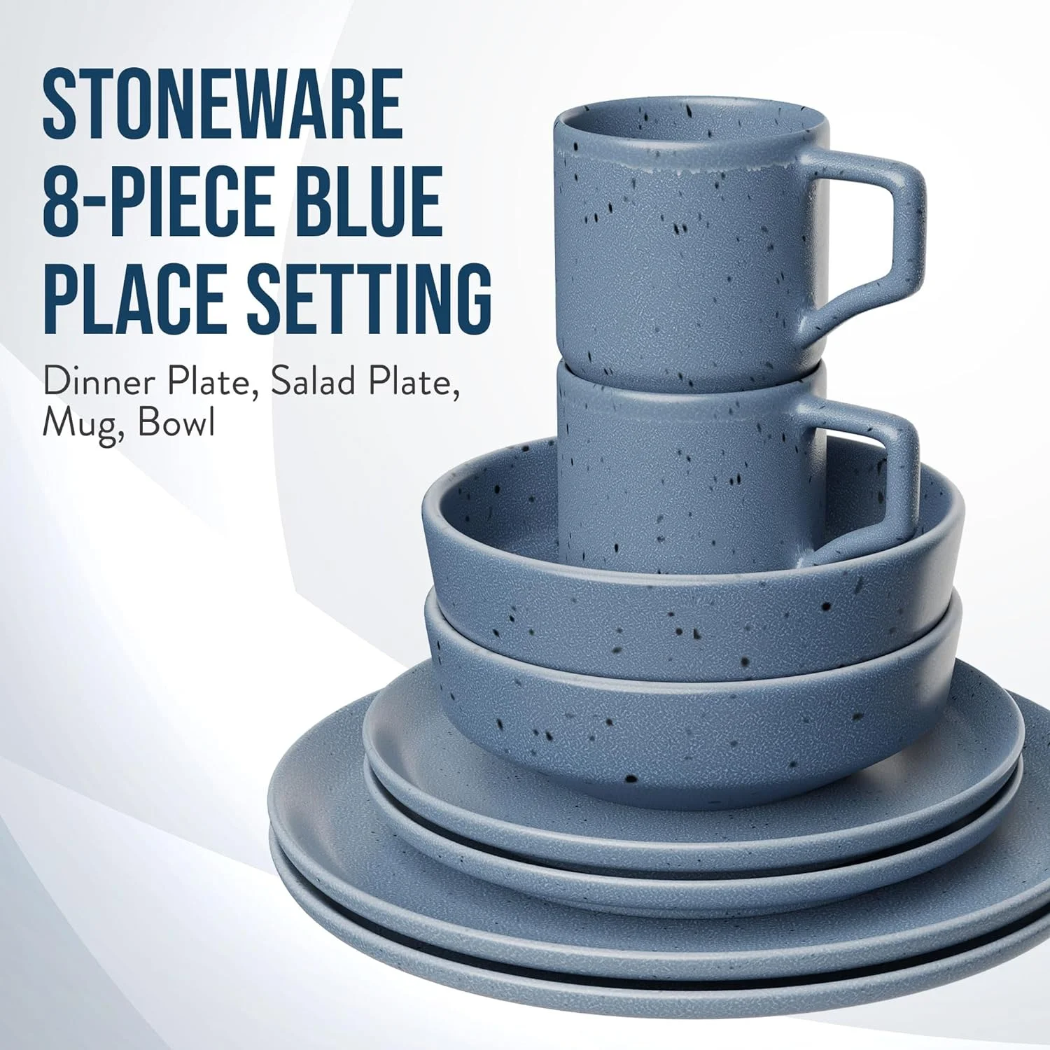 Reactive Stoneware Dinnerware Set | Coffee Mug, Bowl, Plate Set | Stoneware Dish Set | Microwave, Dishwasher Safe | Service For 2 | Speckled Blue 8-Piece Set