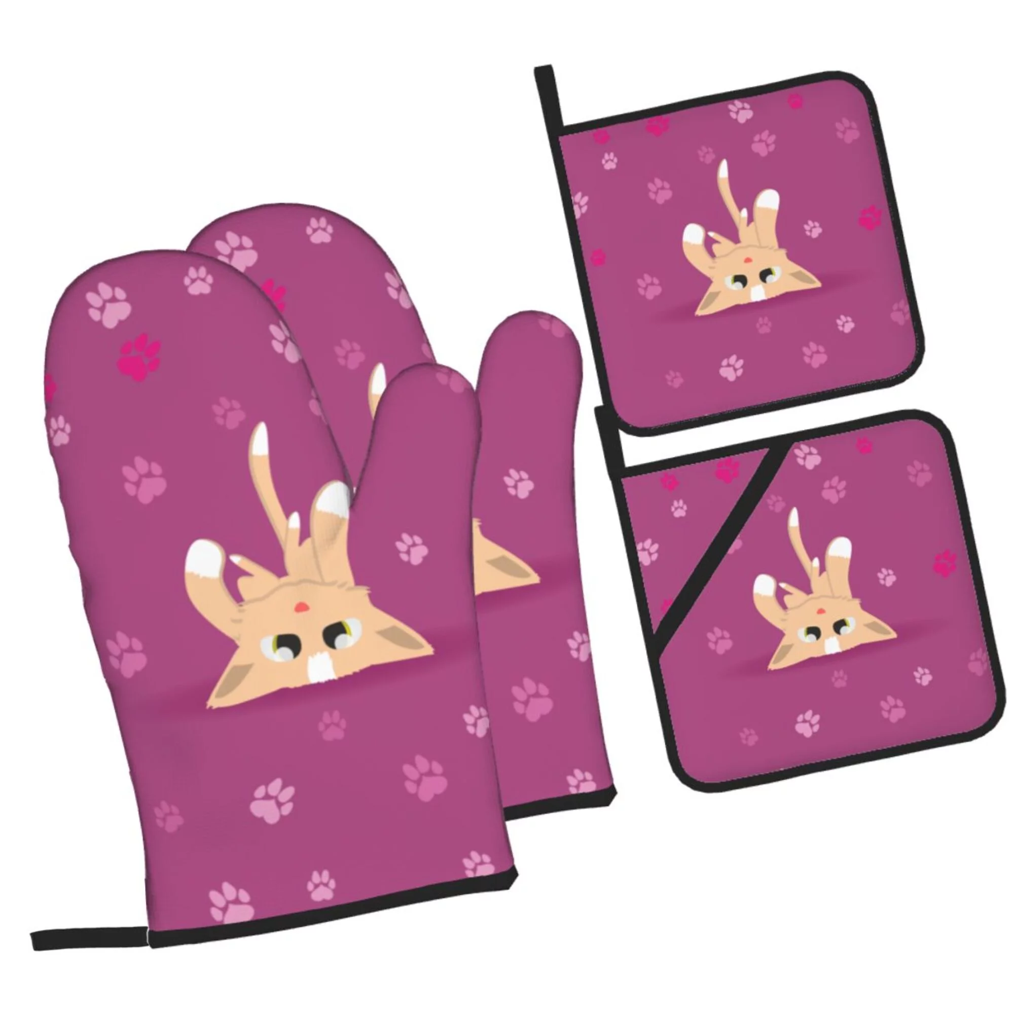 ZICANCN Oven Mitts and Pot Holders Sets,Cartoon Cat Cute Kitten Baking Sets Kitchen Heat Resistant 4 Pieces