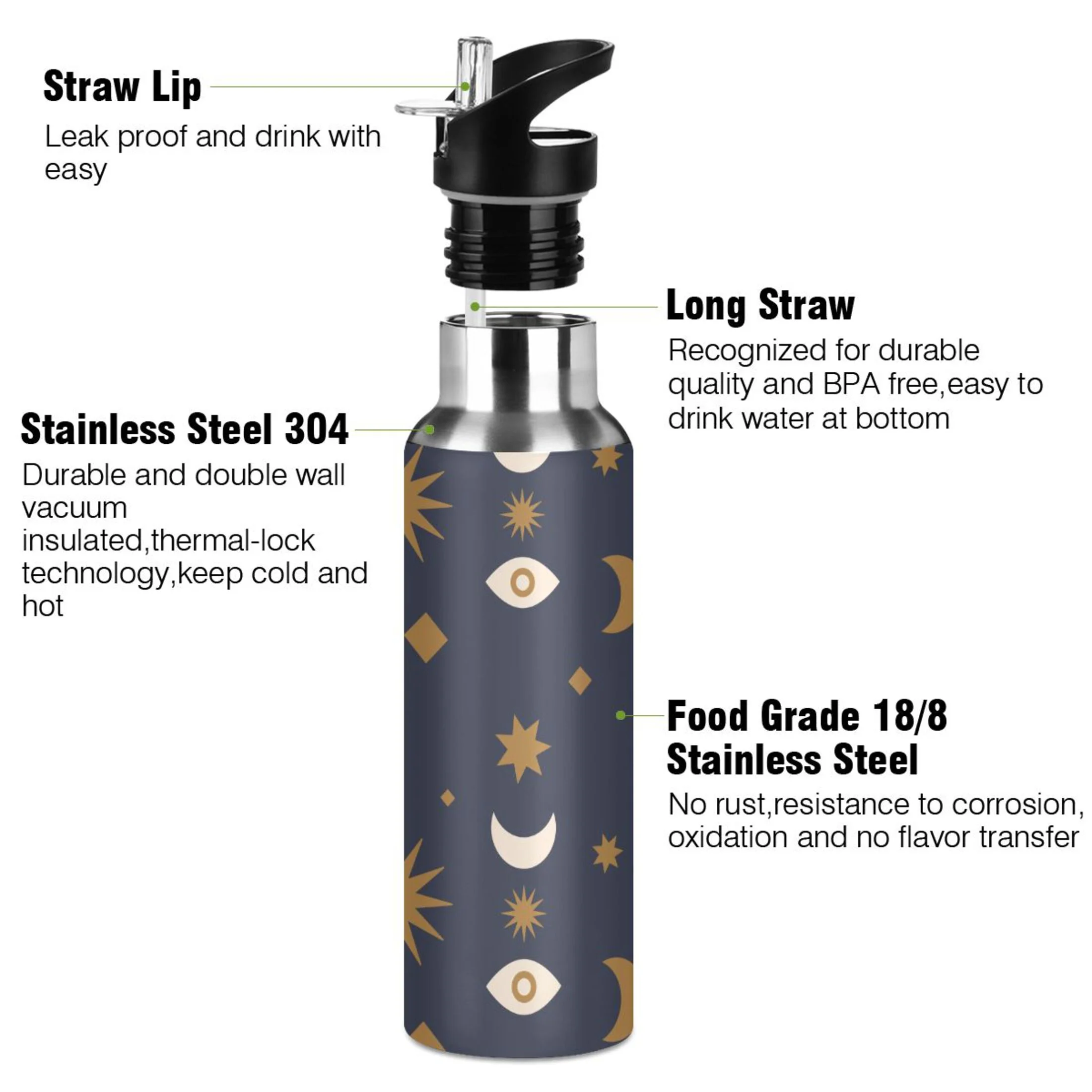 Water Bottle with Straw Lid Leak Magic Sun Moon Eye Star Stainless Steel Insulated Thermos Vacuum Flask for Cold Hot Drinking for Sports Camping Gym Yoga