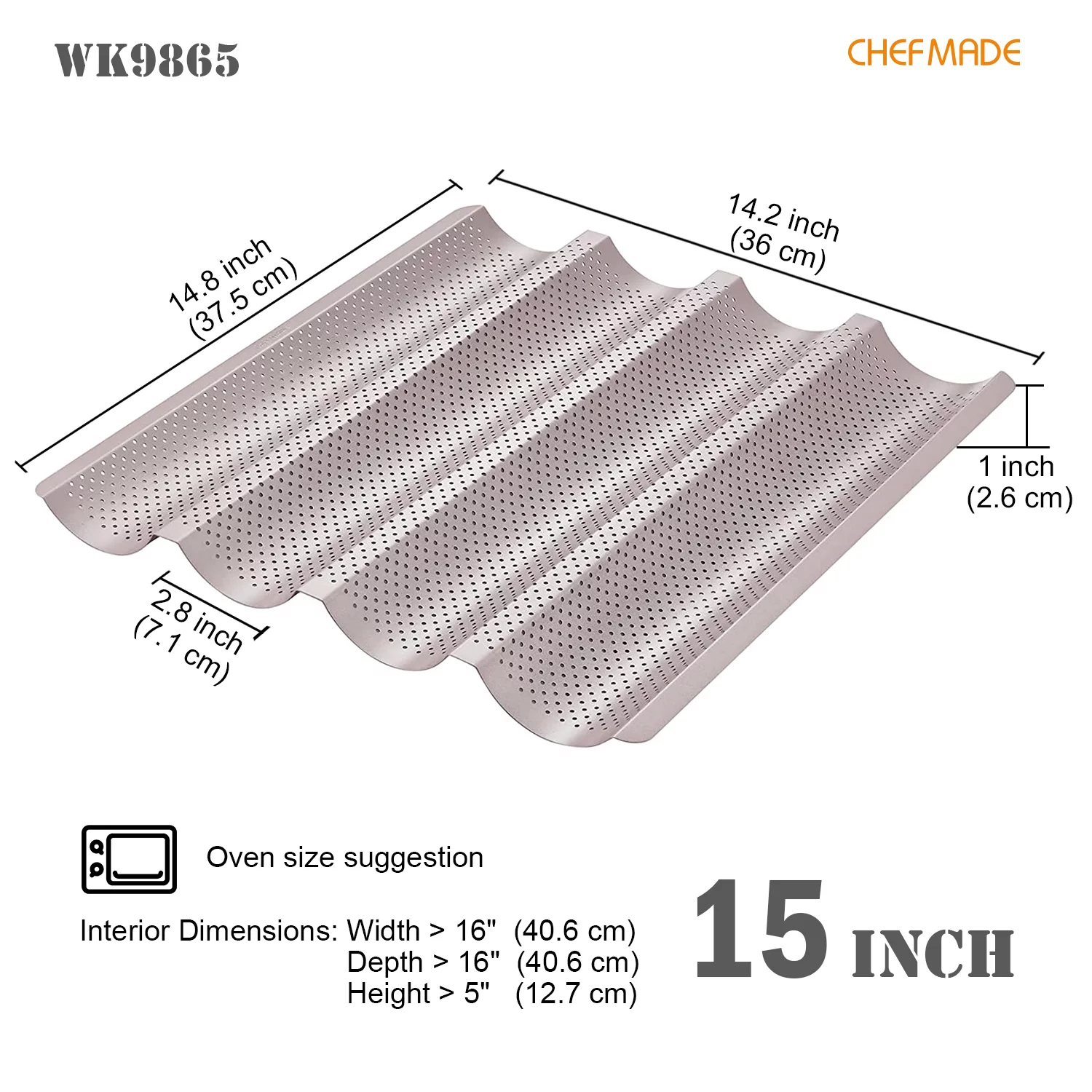 CHEFMADE Perforated Baguette Pan, 15-Inch 4 Wave Loaves Non-Stick Ultra-Ventilate French Bread Pan 2.8-Inch Channel for Oven Baking 14.8