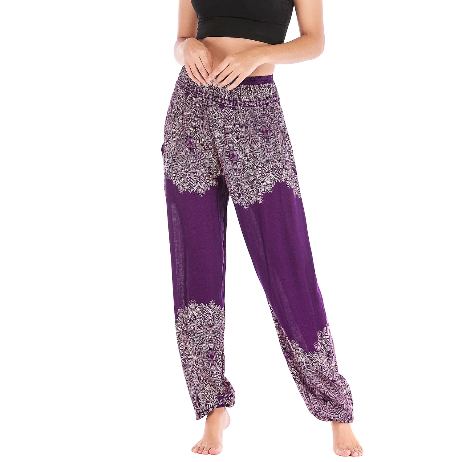 Lu's Chic Women's Boho Pants Rayon Harem Smocked Waist Yoga Hippie Palazzo Summer Beach Pants Purple One Size