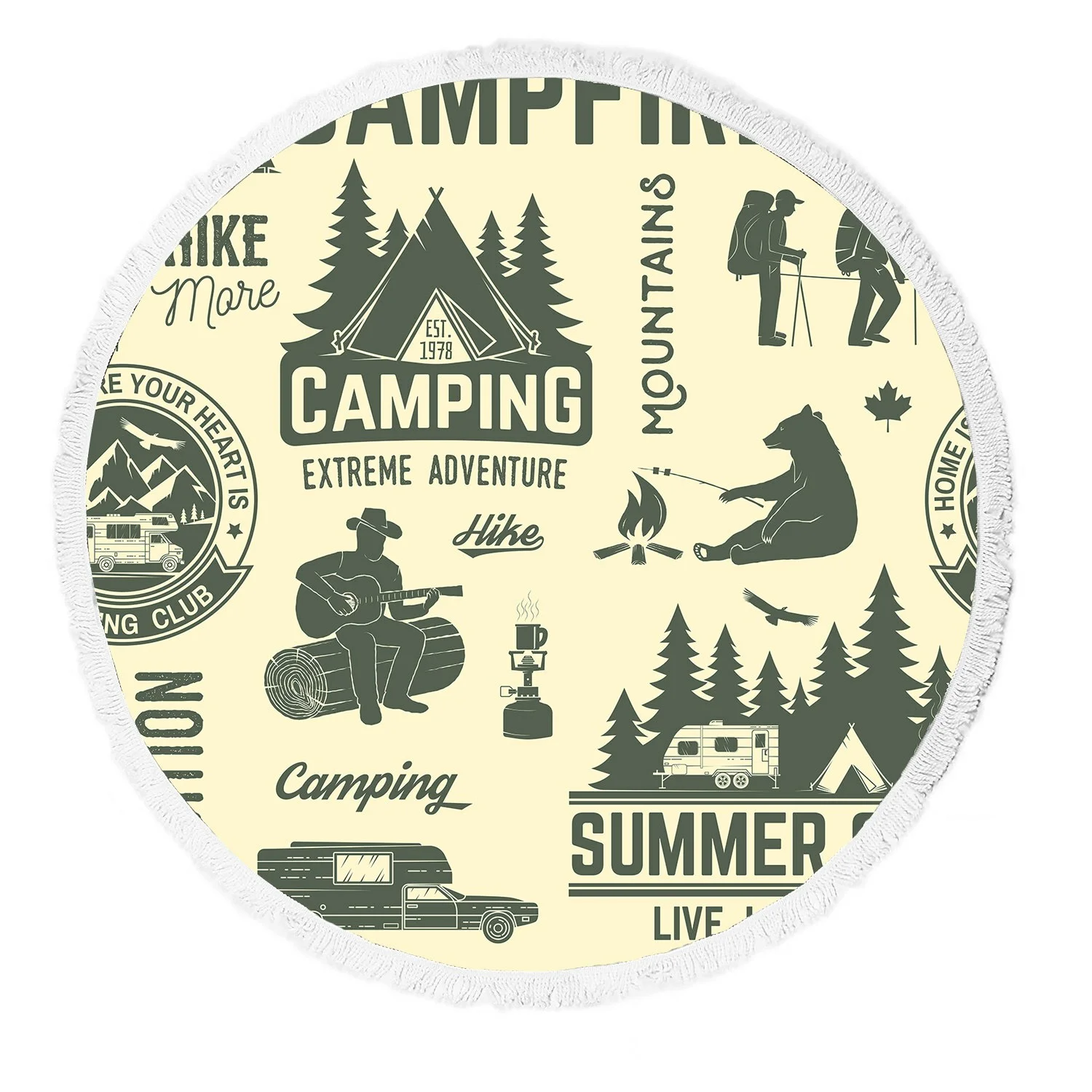 ECZJNT Summer camp tent mountain campfire hiker forest silhouette Beach Towel Beach Blanket Beach Yoga Mat