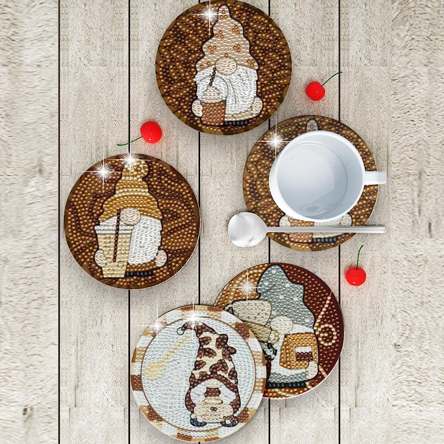 8 Pieces Diamond Painting Coasters, Coffee Gnomes Diamond Coasters Acrylic Round Coasters Kit with Holder Cork Pads, DIY Diamond Art Coasters 5D Full Drill for Beginner Adults Kids