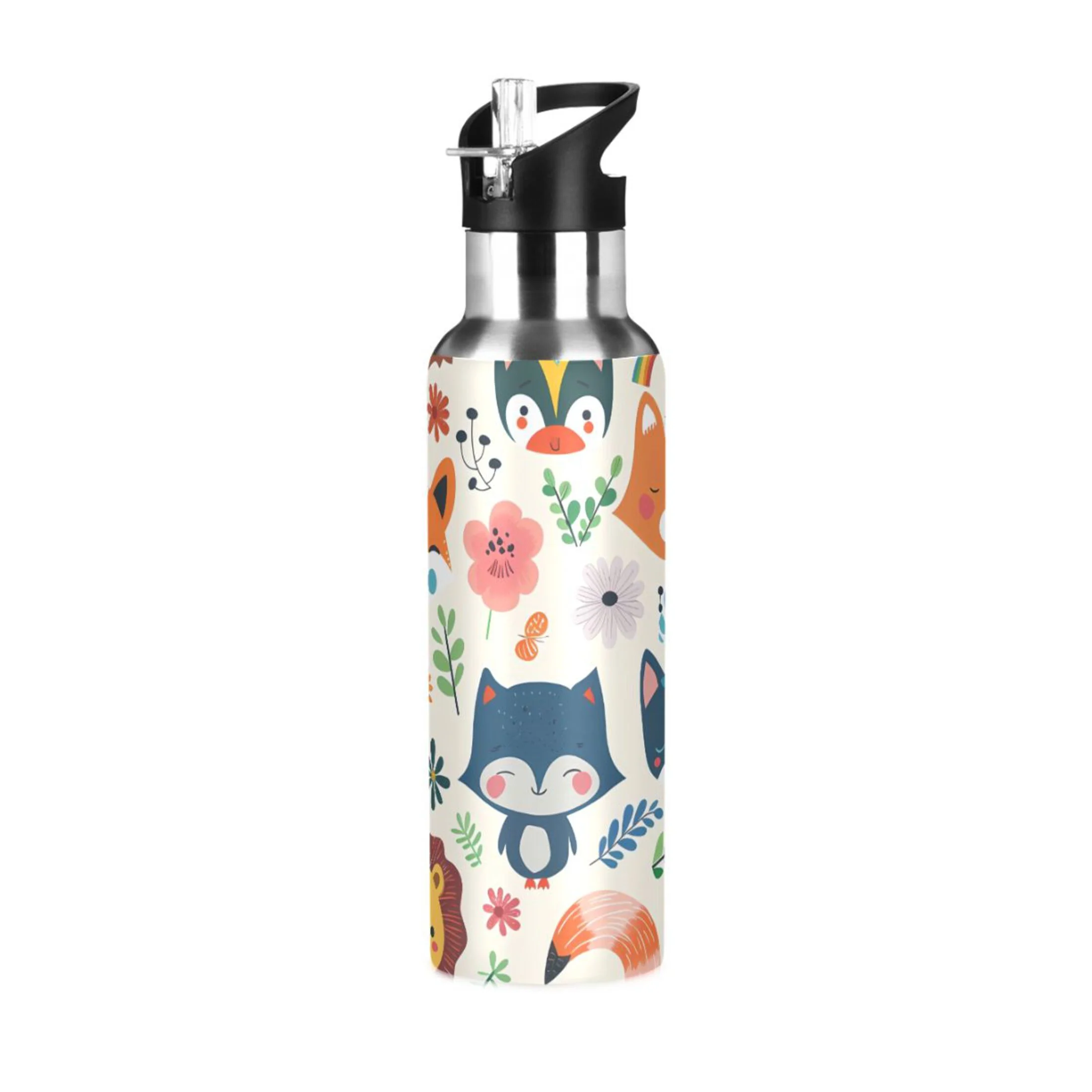 Cartoon Foxes Animals Water Bottles Insulated Thermos Kids Stainless Steel Bottle with Straw Lid Flask Leakproof for Sports Gym 20 oz