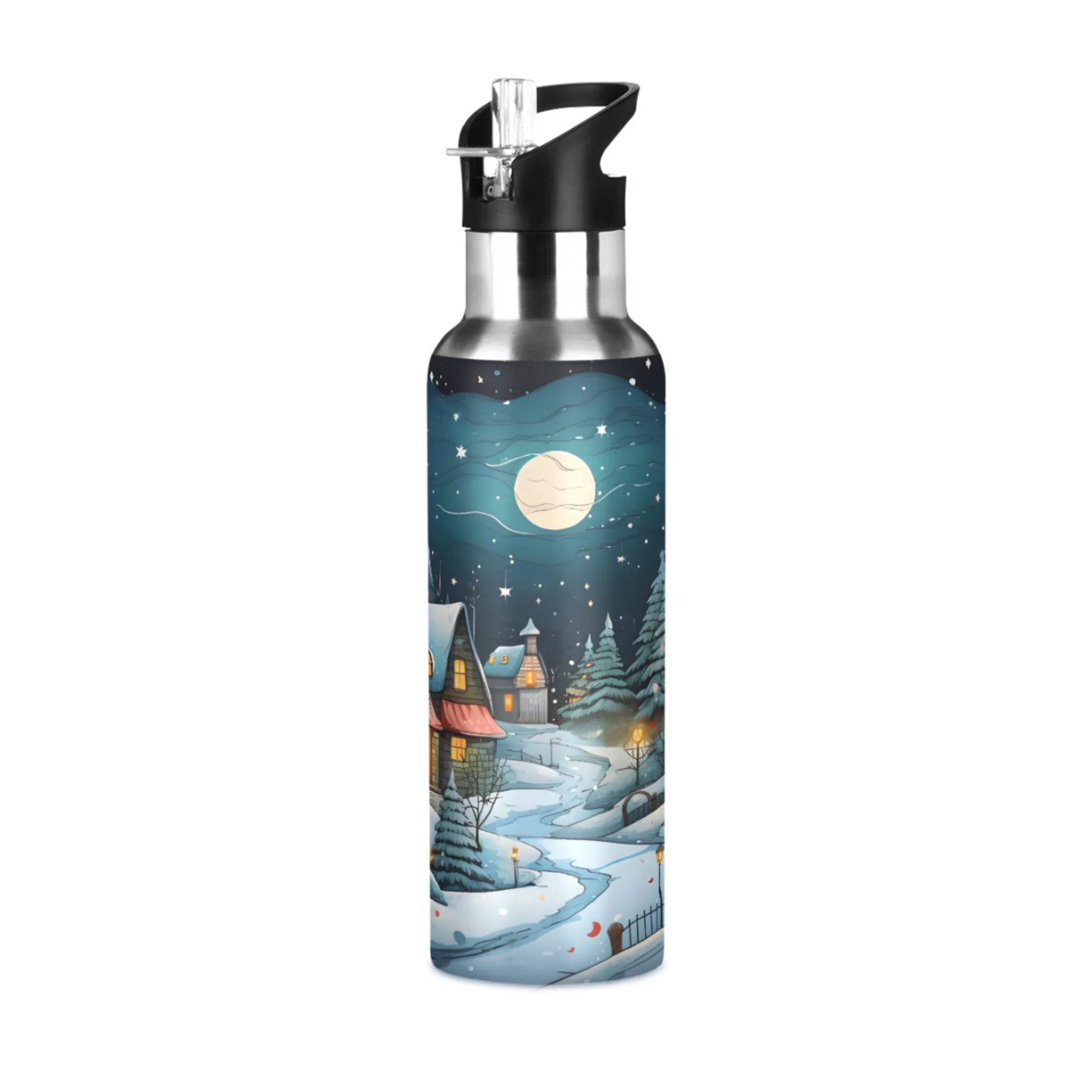 Water Bottle with Straw Lid Leak Winter Houses and Moon Stainless Steel Insulated Thermos Vacuum Flask for Cold Hot Drinking for Sports Camping Gym Yoga