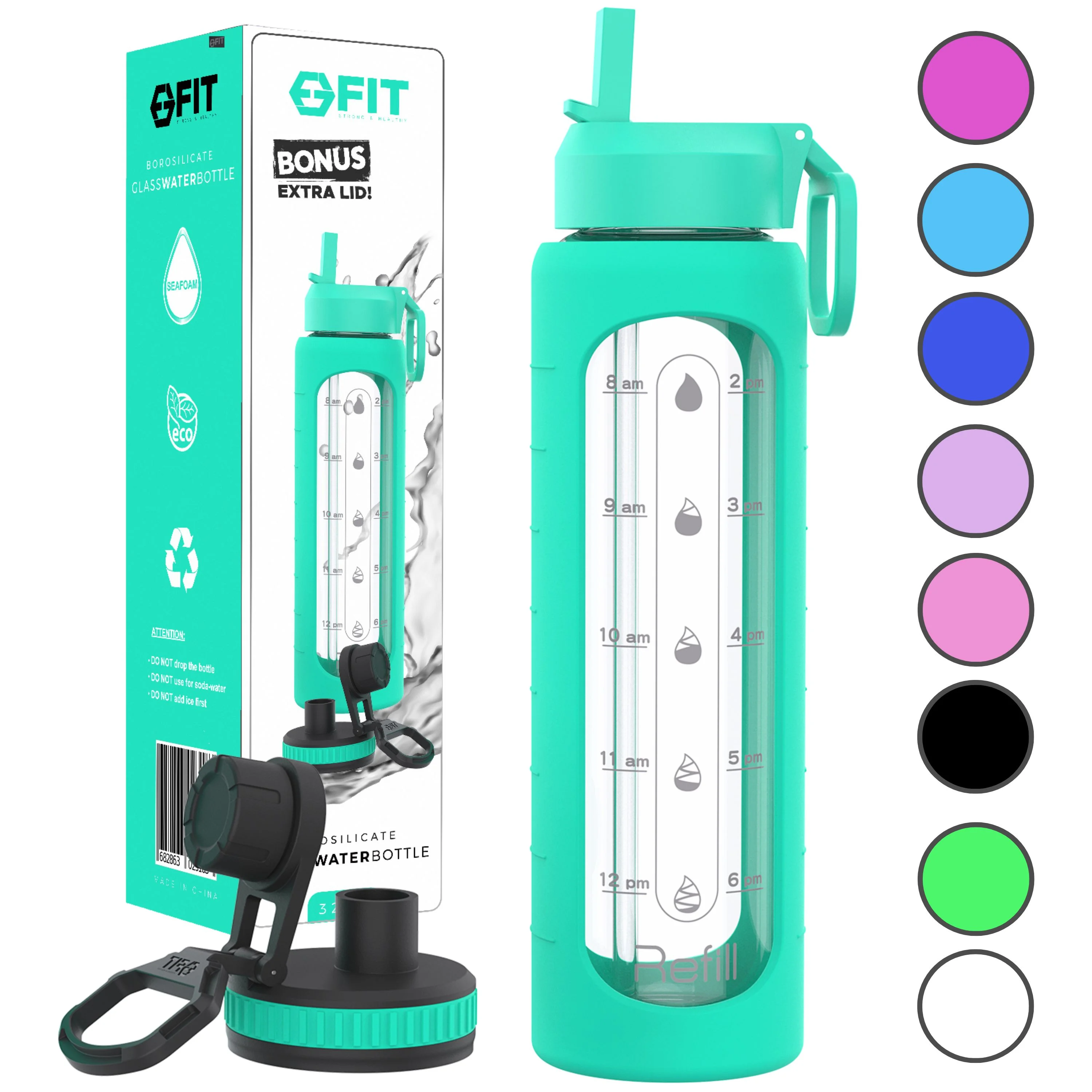 32 oz Glass Water Bottle with Time Marker Reminder and Silicone Sleeve (Seafoam+EXTRA LID) - Reusable, Wide Mouth, Leakproof, Glass Drinking Bottle, BPA Free, Motivational Water Bottles for Hydration