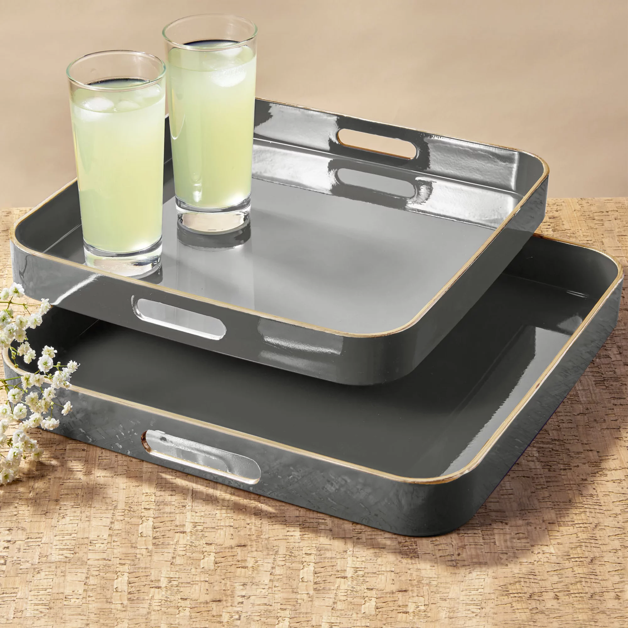 Trina Turk, Cool Gray with Gold Rim Polypropylene Square Serving Tray with Handles, Set of 2