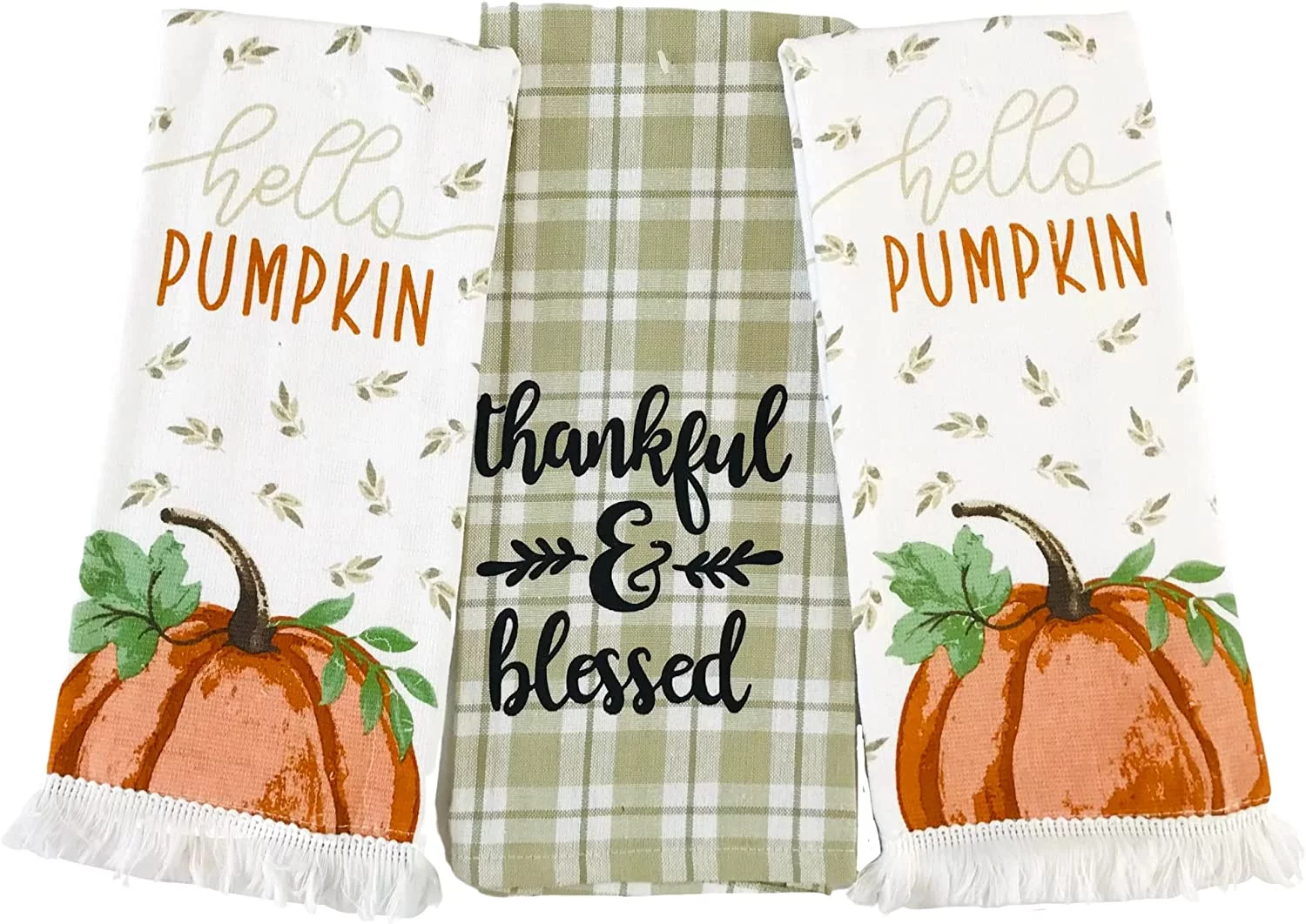 Serafina Home Decorative Fall Kitchen Towels with Fringe: Thanksgiving Welcome with Harvest Pumpkins Greetings