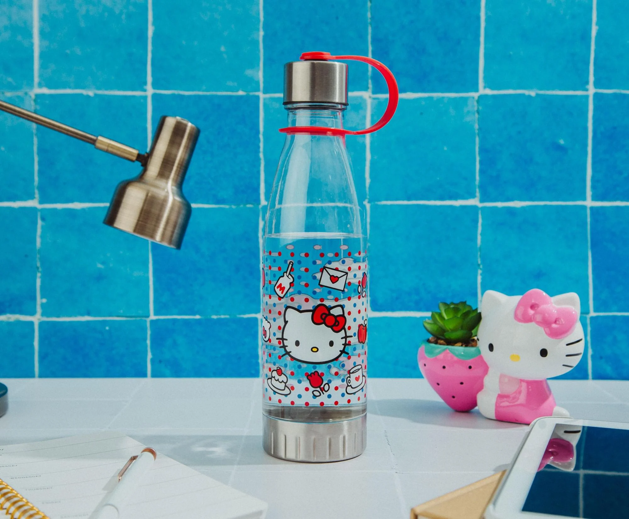 Hello Kitty 870777 20 oz Hello Kitty Polka Dots Water Bottle with Lid Strap, Clear