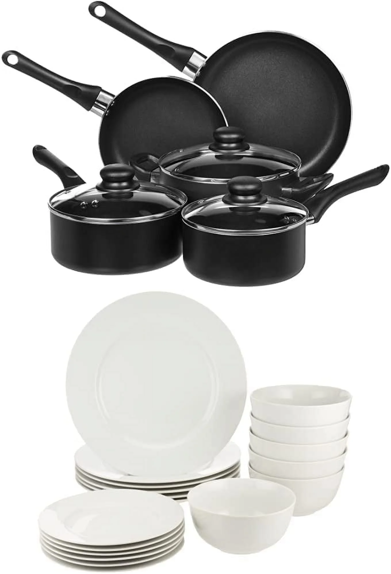 YINCHEN 18-Piece Kitchen Dinnerware Set, Dishes, Bowls, Service for 6, White & Non-Stick Cookware Set, Pots and Pans - 8-Piece Set