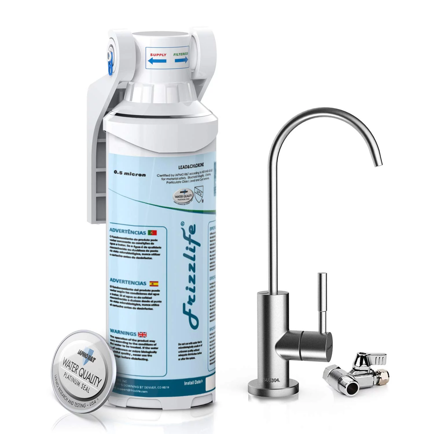 Frizzlife Under Sink Water Filter-Quick Change Under Counter Drinking Water Filtration System-0.5 Micron High Precise Removes 99.99% Lead, Chlorine, Bad Taste & Odor-With Dedicated Faucet.