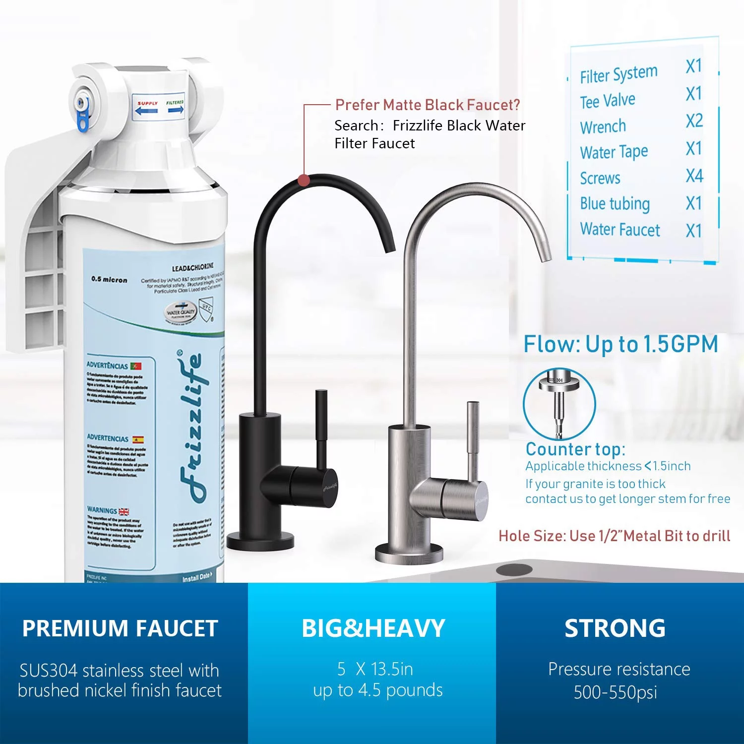 Frizzlife Under Sink Water Filter-Quick Change Under Counter Drinking Water Filtration System-0.5 Micron High Precise Removes 99.99% Lead, Chlorine, Bad Taste & Odor-With Dedicated Faucet.