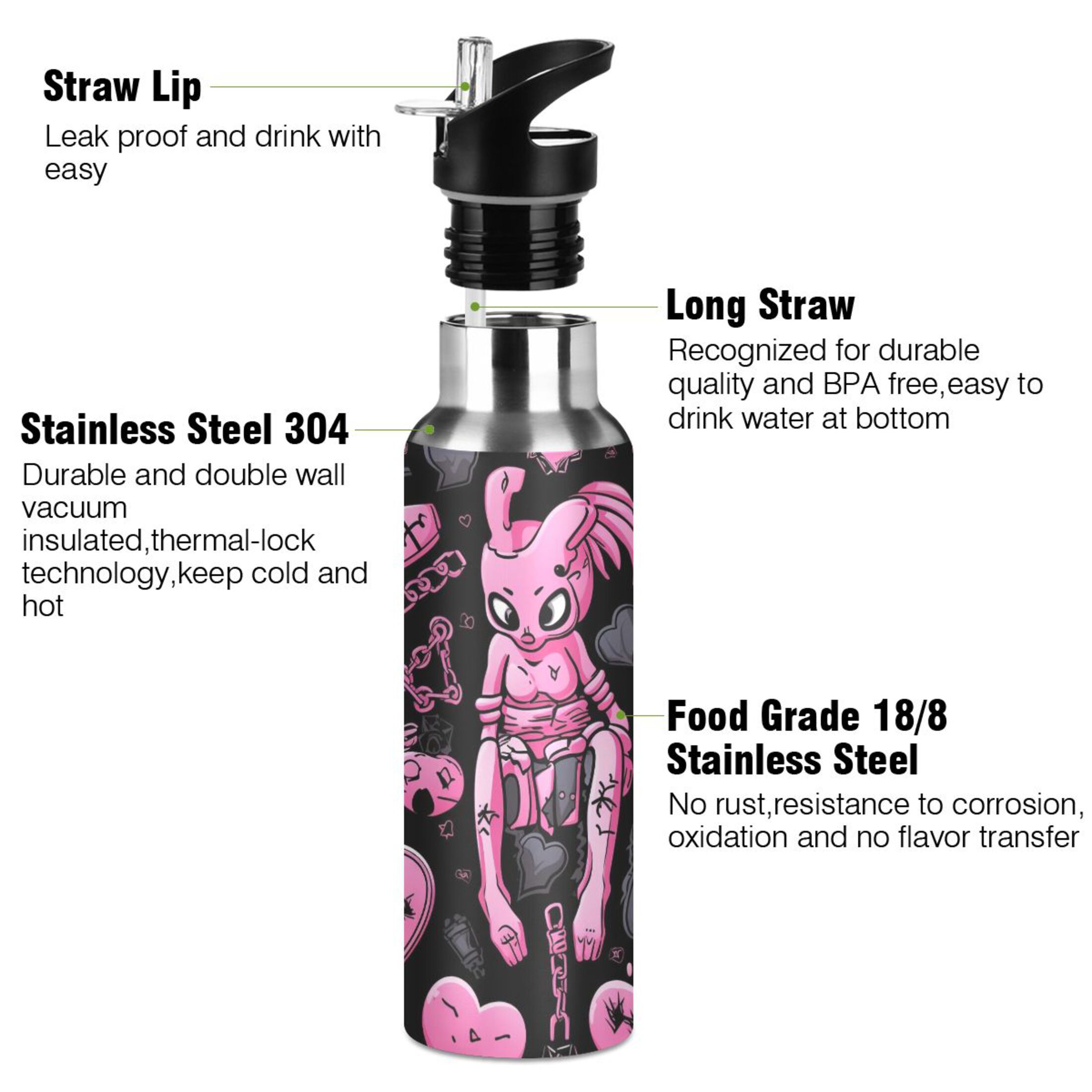 Magic Ghost Water Bottles Insulated Thermos Kids Stainless Steel Bottle with Straw Lid Flask Leakproof for Sports Gym 20 oz