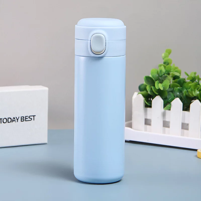 Stainless Steel Water Bottle 14oz White Straight Thin Kids Cup Straw Cup with Pop black lid