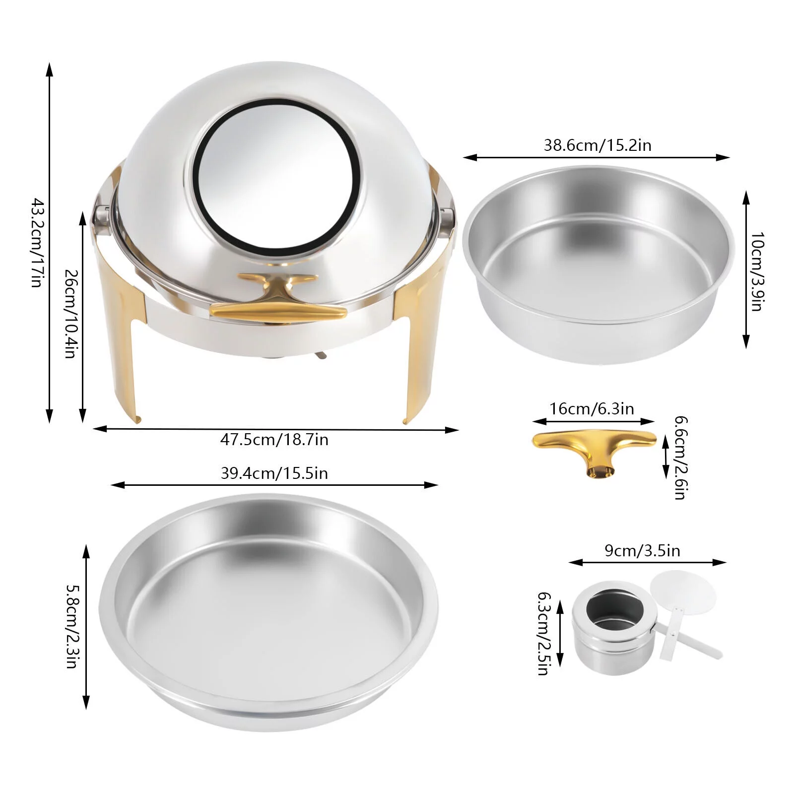 6.3 Quart Roll Top Chafing Dish Set Round Stainless Steel Buffet Warmer Chafer