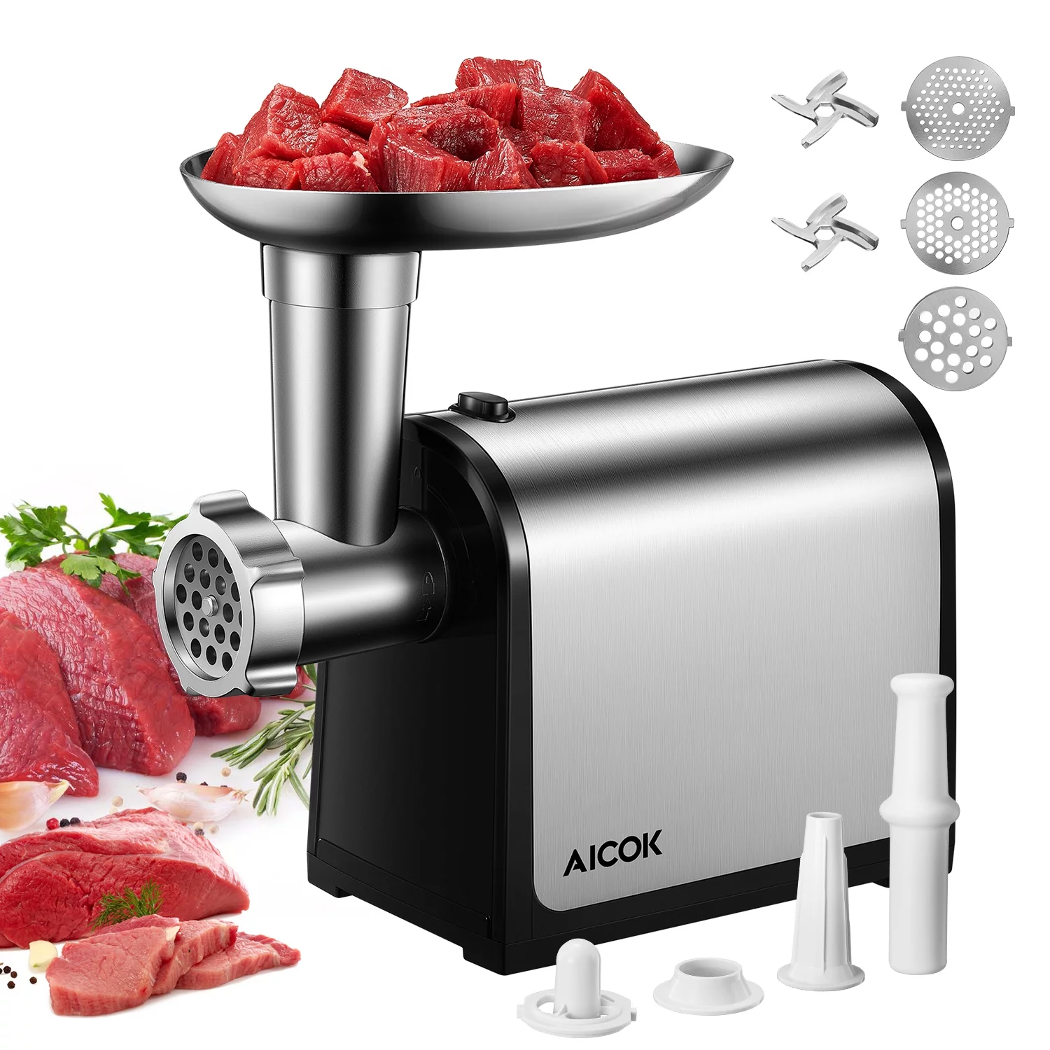 Meat Grinder Electric, Stainless Steel Compact Sausage Stuffer, 3 Grinding Plates & 2 Blades