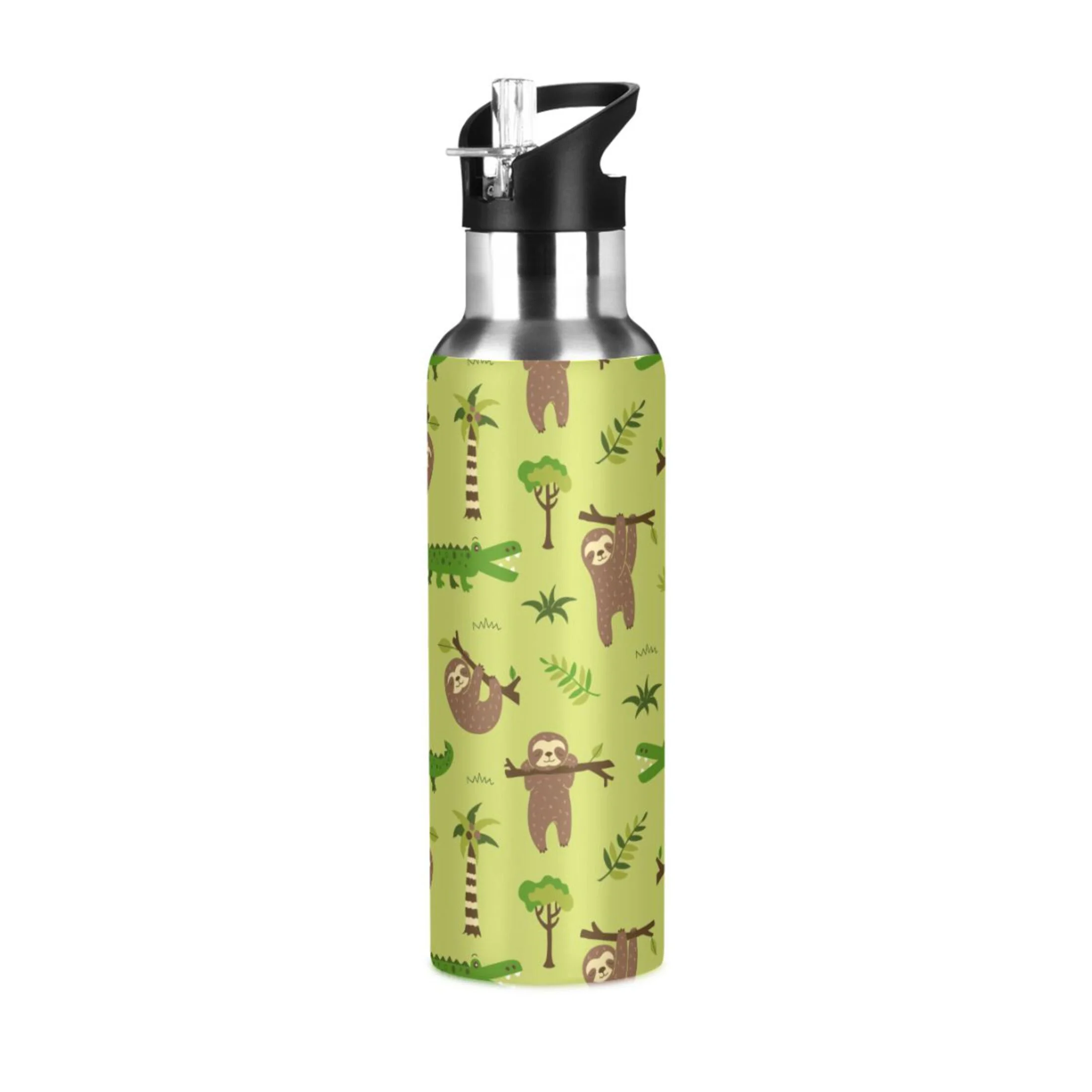 Stainless Steel Water Bottle Sloths Crocodiles Green with Straw Lid Vacuum Insulated Leak Proof Flask Jug for Gym Travel Sports Cycling Outdoor 20 OZ