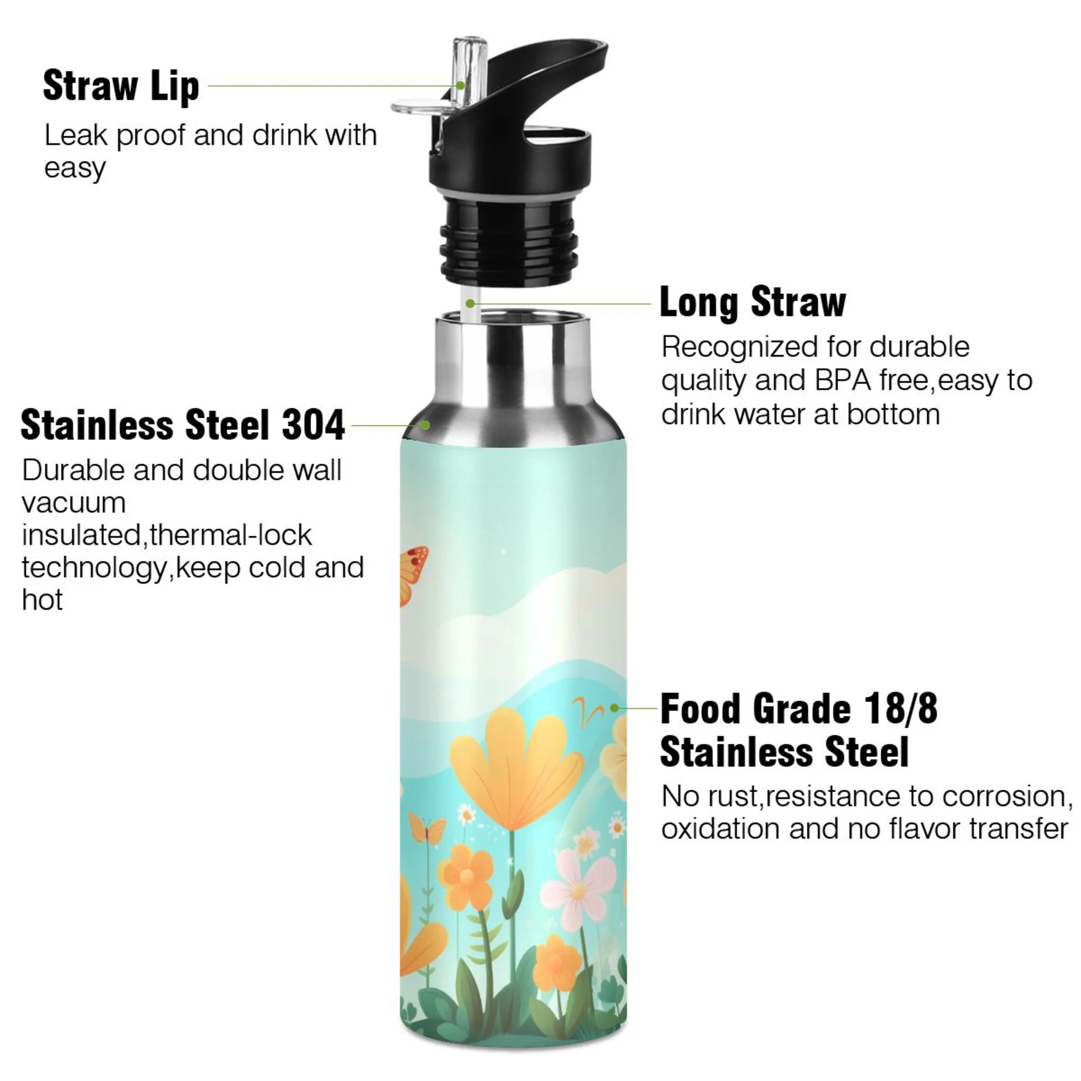 Butterfly in Flower Water Bottles Insulated Thermos Kids Stainless Steel Bottle with Straw Lid Flask Leakproof for Sports Gym 20 oz