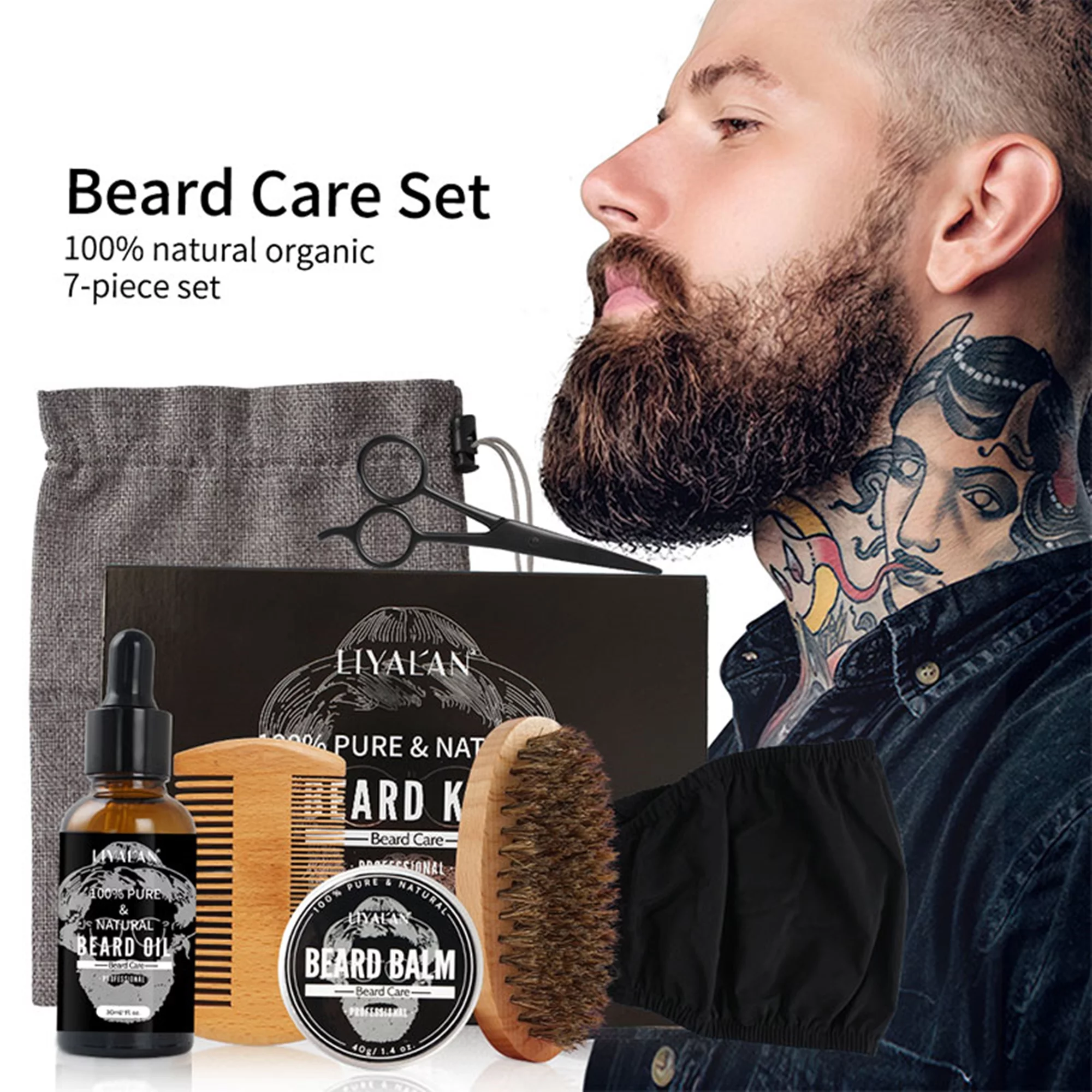 Liyal'an Beard Growth Kit Grooming & Care Gifts Set for Men - Organic Beard Growth Oil, Beard Balm, Brush, Comb, Scissors & More