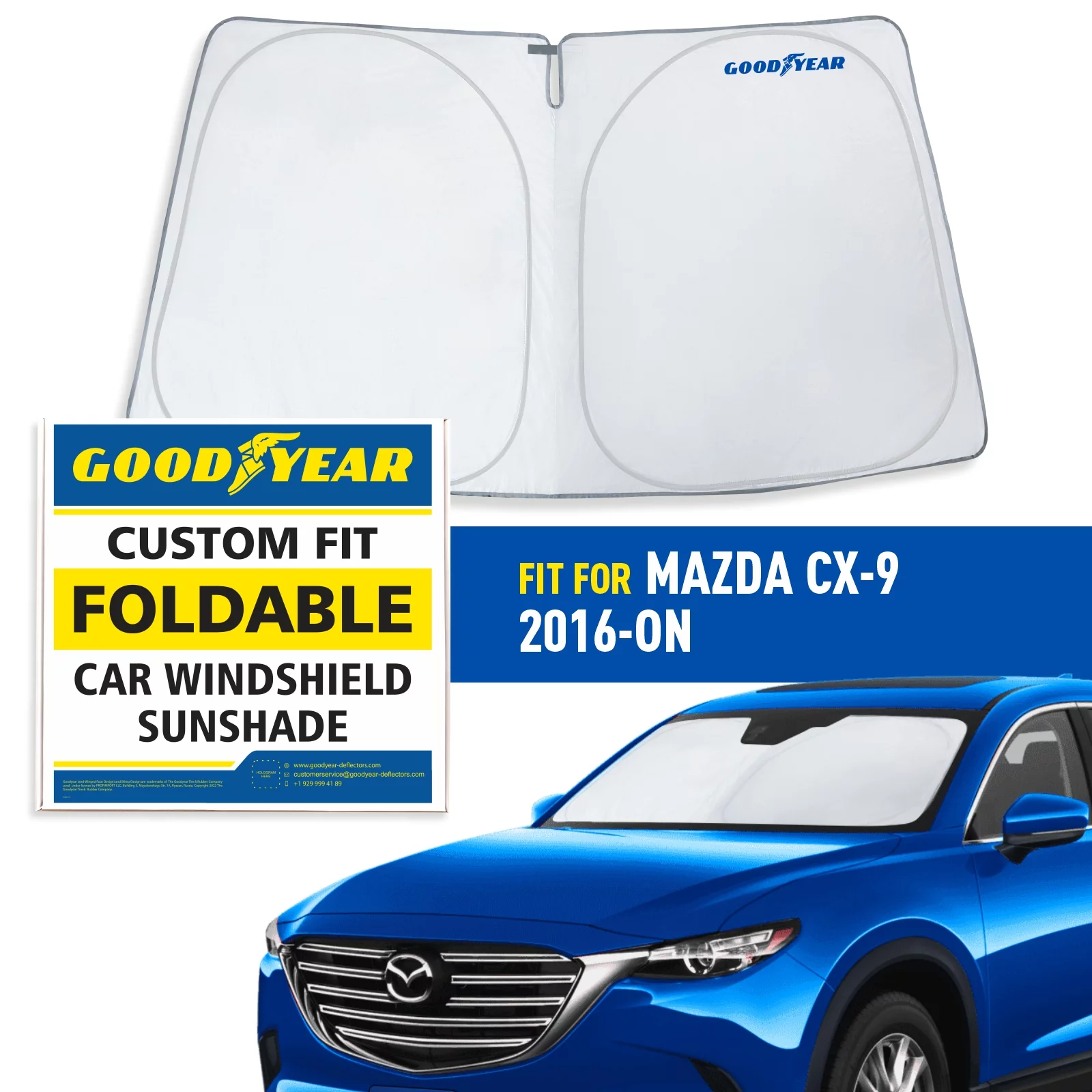 Goodyear Foldable Windshield Sun Shade for Mazda CX-9 2016-2024, Custom-Fit Car Windshield Cover, Car Sunshade, Vehicle Sun Protector, Auto Car Window Shades for Front Window - GY008248
