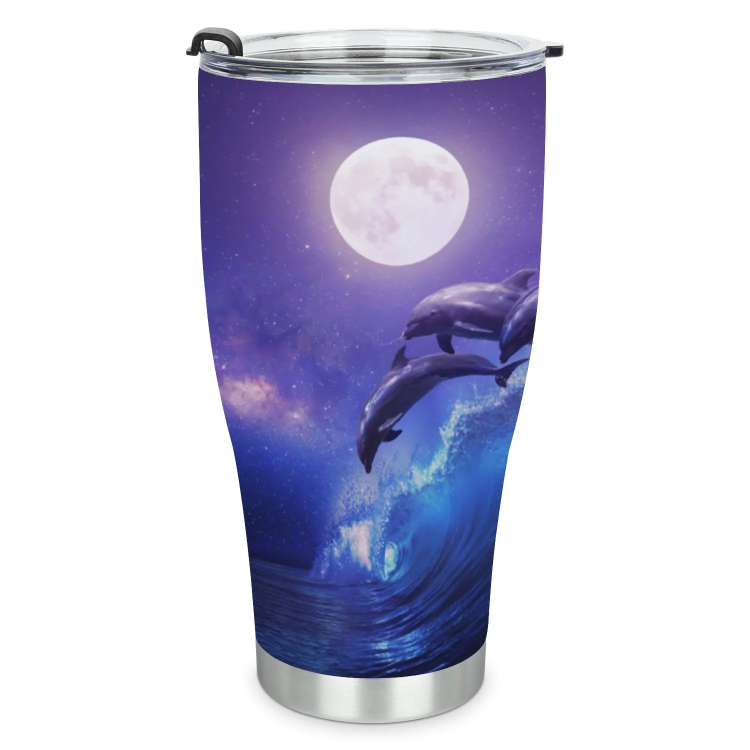 Hidove Stainless Steel Tumbler, Night Ocean with Three Playful Dolphins 30oz Leak Proof & Stainless Steel Bottle for Hot & Cold Drinks - Coffee Travel Mug, Water Metal Canteen, Thermal Cup
