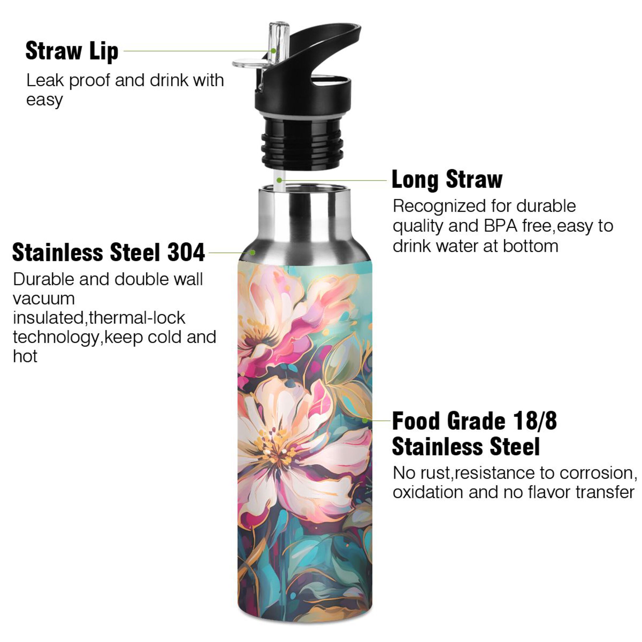 Water Bottle with Straw Lid Leak Pink Flowers in Blue Stainless Steel Insulated Thermos Vacuum Flask for Cold Hot Drinking for Sports Camping Gym Yoga