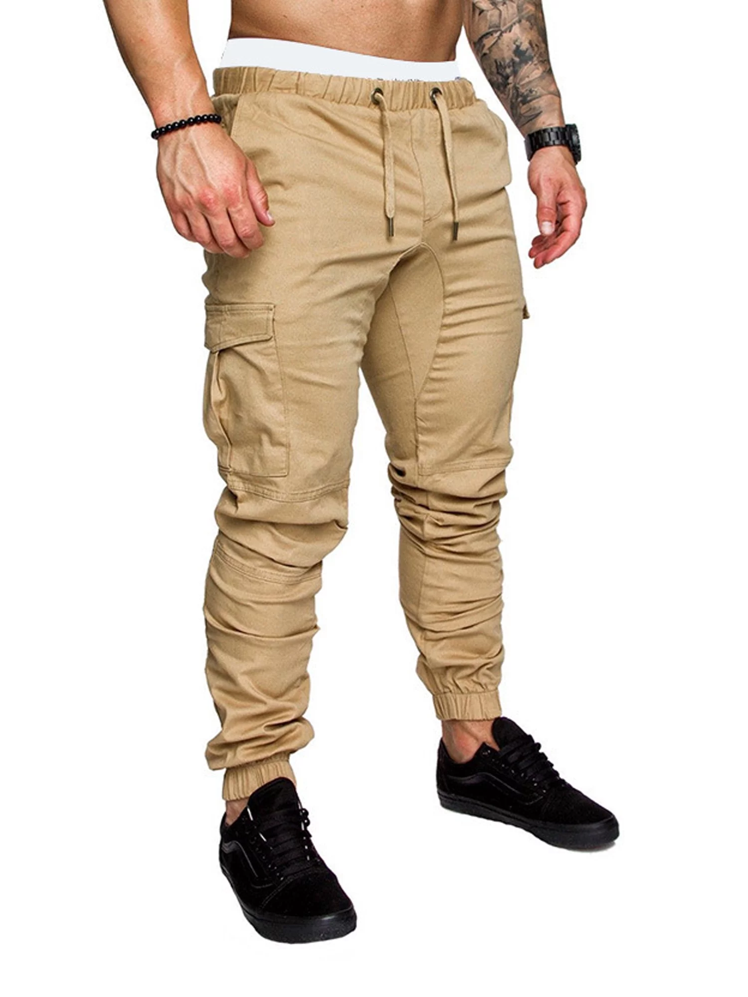 Sunisery Men's Casual Jogger Pants Slim Fit Long Straight Leg Pants Streetwear Cargo Pants Khaki XXXL
