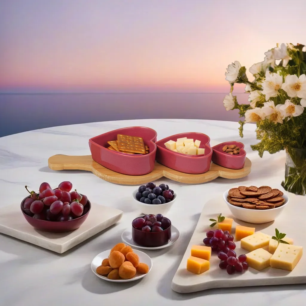 Snack Time Collection Set - 3piece Durable Porcelain varying size Bowls with Fitted Bamboo Tray - Modern Snacking Luxury - Perfect for Dips, Nuts, Candy - Red/Natural Wood