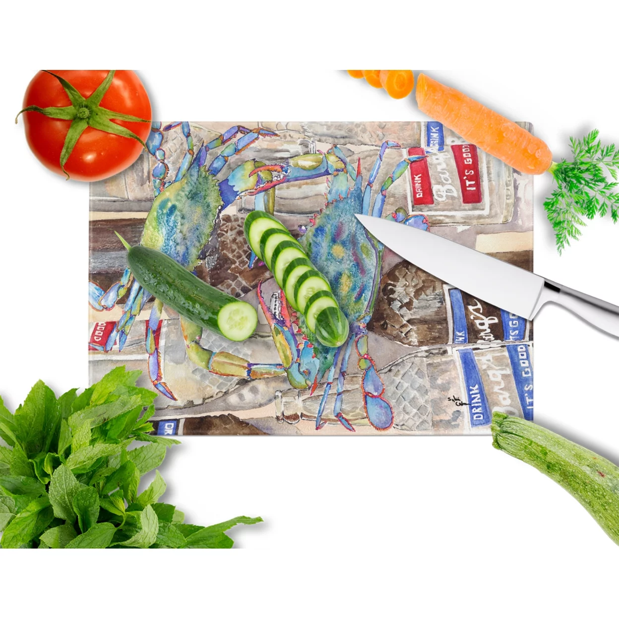 Carolines Treasures 8914LCB Blue Crabby Bottles of Barqs Rootbeer Glass Cutting Board Large 12H x 16W multicolor