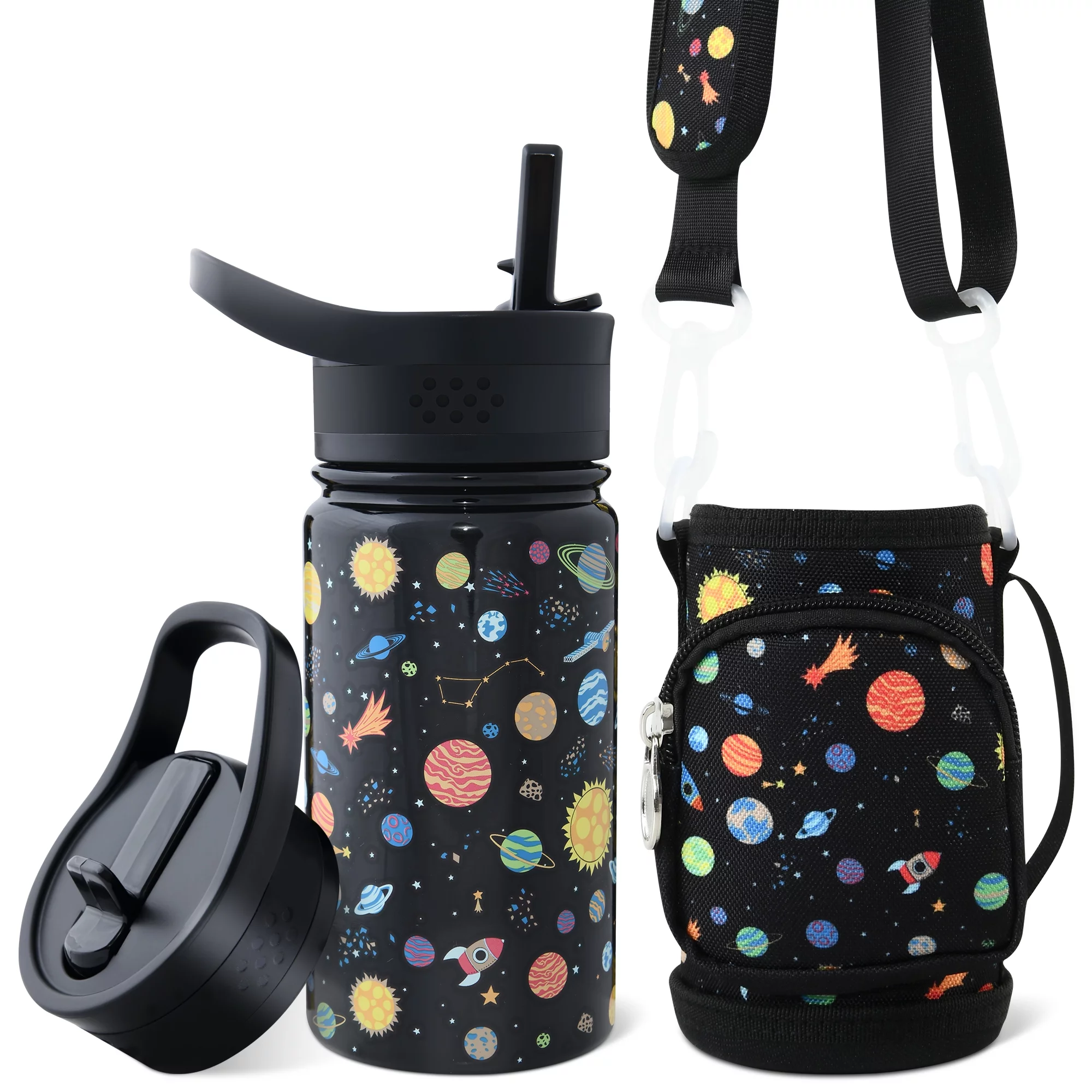 TWINNIS Kids Water Bottle with Strap,14oz Stainless Steel Insulated Water Bottles with 2 Lids,Planet