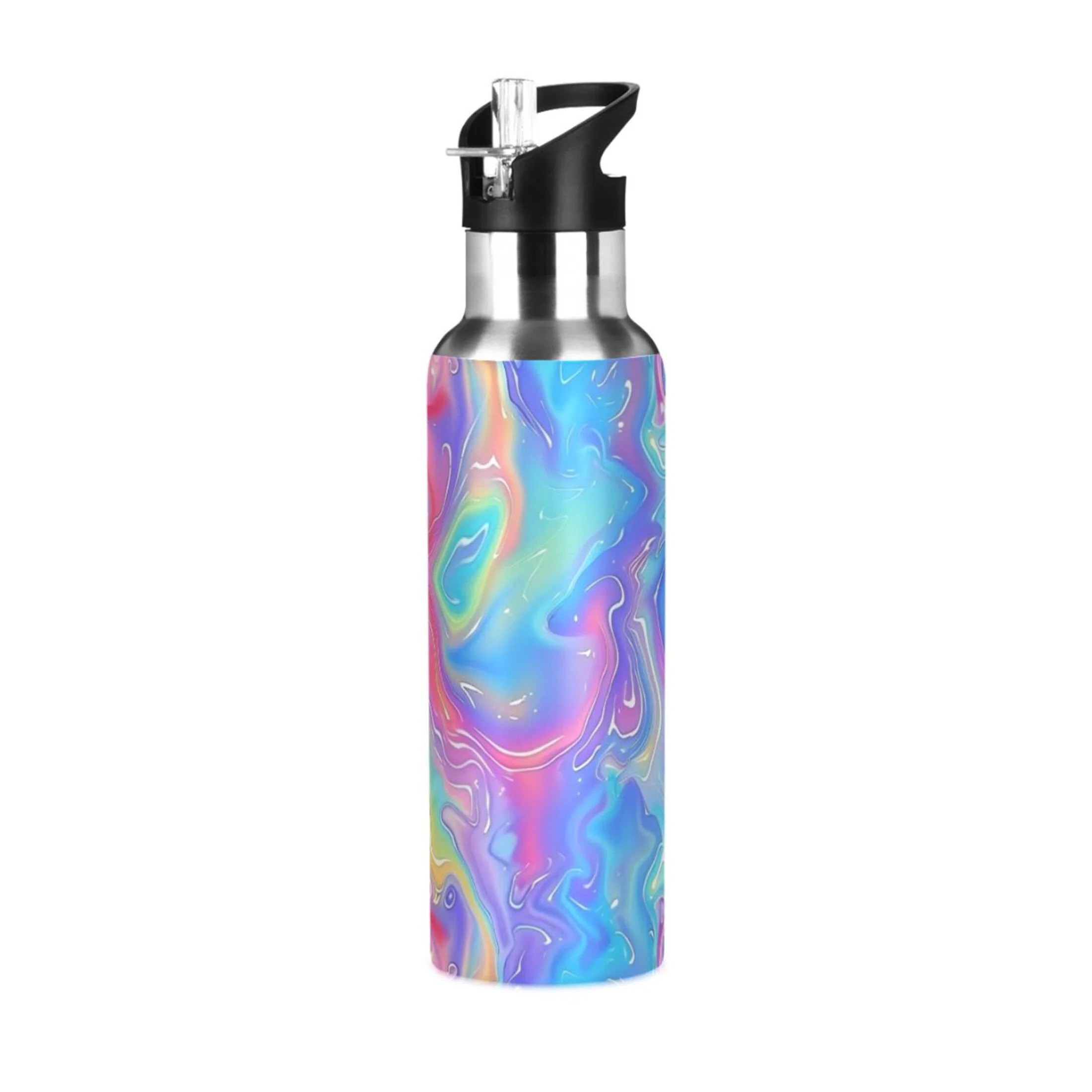 Swirl Texture Water Bottles Insulated Thermos Kids Stainless Steel Bottle with Straw Lid Flask Leakproof for Sports Gym 20 oz