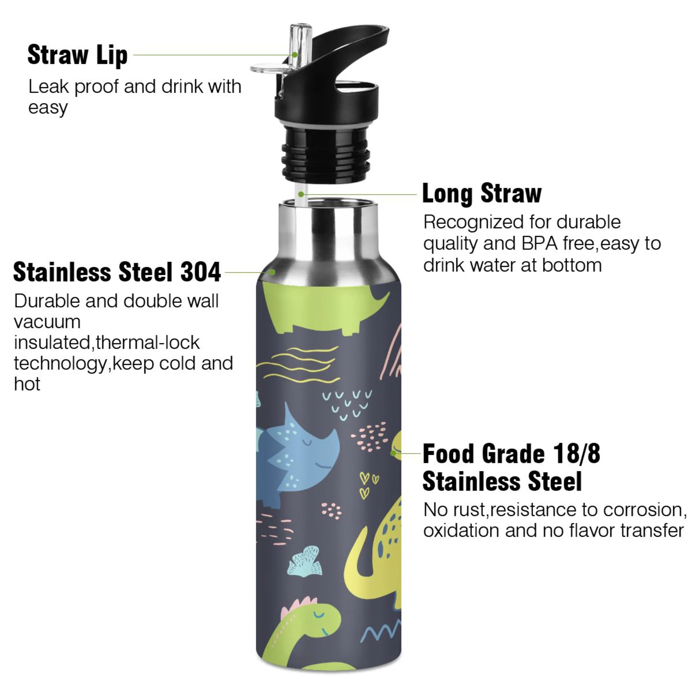 Water Bottle with Straw Lid Leak Cute Dinosaur Stainless Steel Insulated Thermos Vacuum Flask for Cold Hot Drinking for Sports Camping Gym Yoga