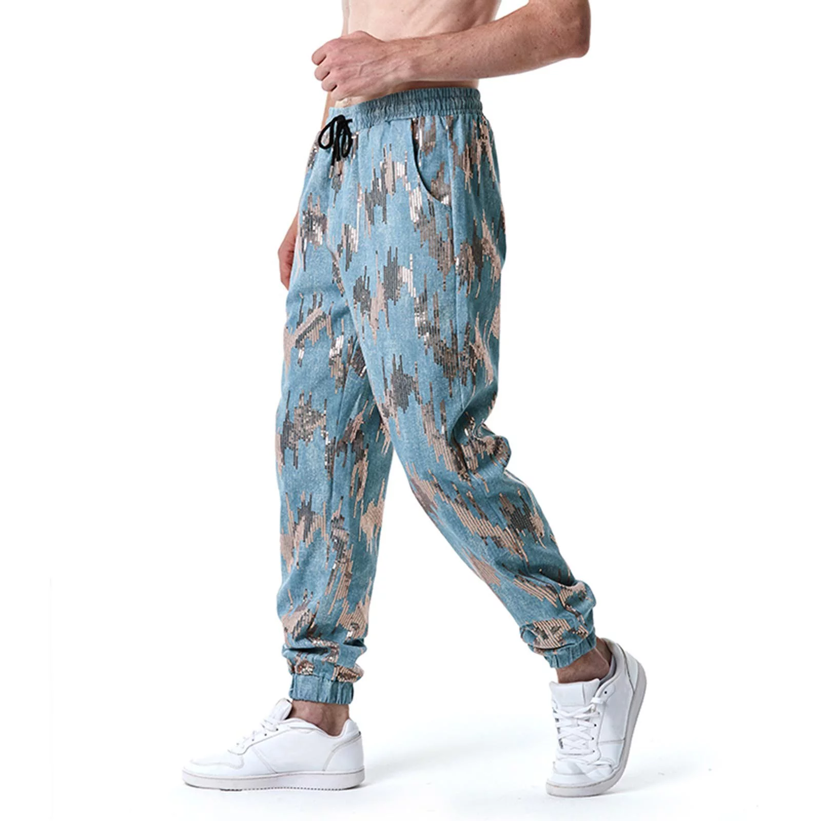 Mens Loose Sequins Leggings Youth Fashion Casual Dance Party Leggings Pants Sweatpants Blue M