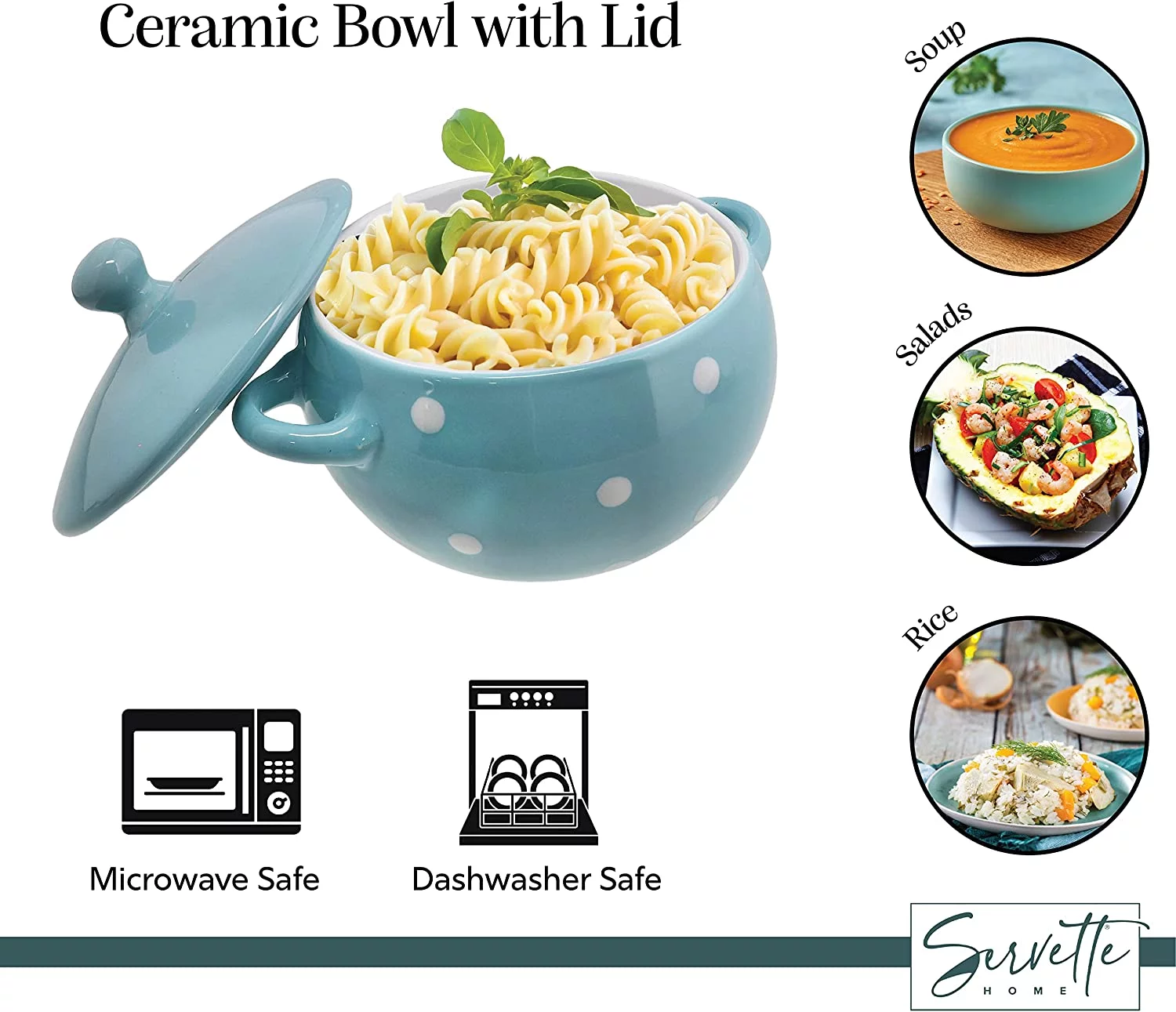 Servette Home Ceramic Soup Bowls with Handles and Lids Ceramic Polka Dot Set of 2 Blue