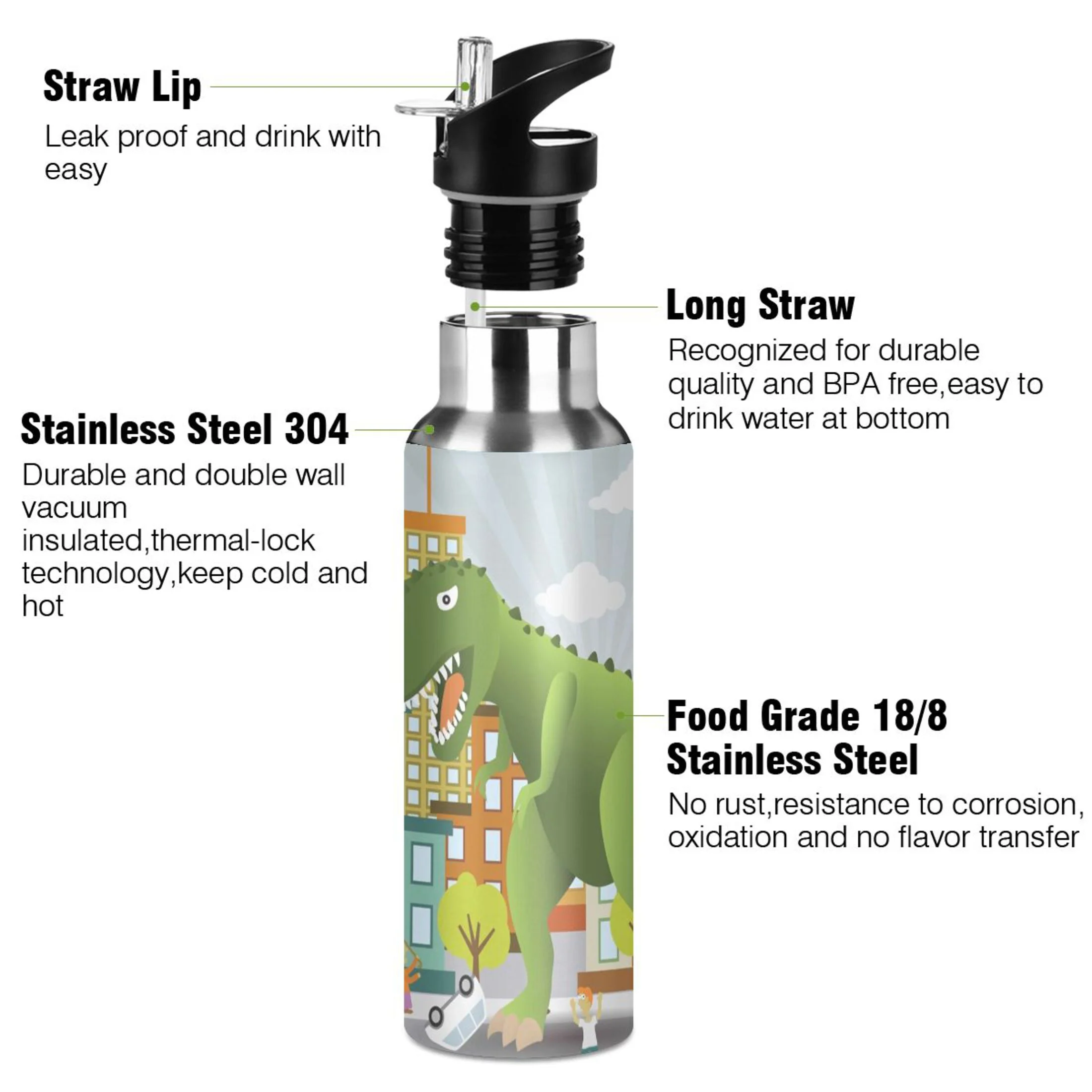 Stainless Steel Water Bottle Dinosaur with Straw Lid Vacuum Insulated Keeps Hot and Cold Leak Proof Flask Jug for Gym Travel Sports Cycling Outdoor 20 OZ