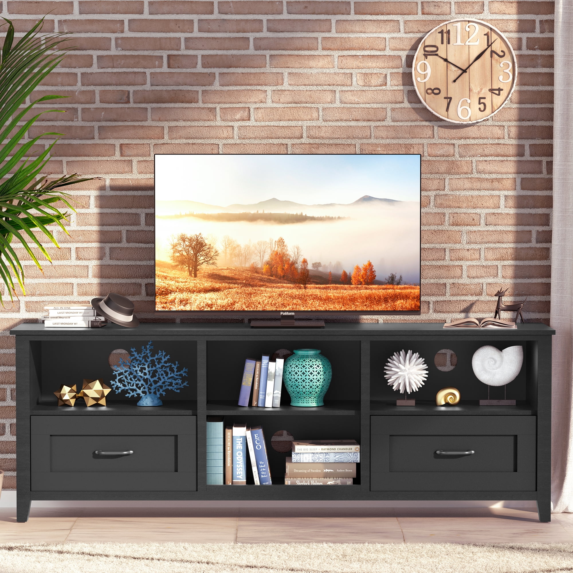 SYNGAR Farmhouse TV Stand for 70 inch TV, Wooden TV Cabinet Console Table with 2 Drawers and 4 Storage Compartments, Entertainment Center for Living Room, Traditional Black, 70
