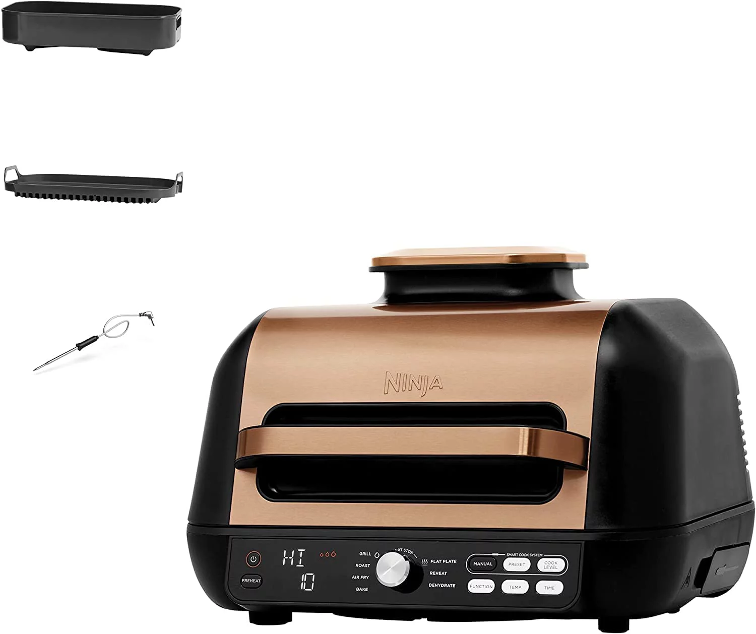 Ninja IG651 QCP Foodi Smart XL Pro 7-in-1 Indoor Grill/Griddle Combo, use Opened or Closed, with Griddle, Air Fry Smart Thermometer, COPPER (Refurbished)