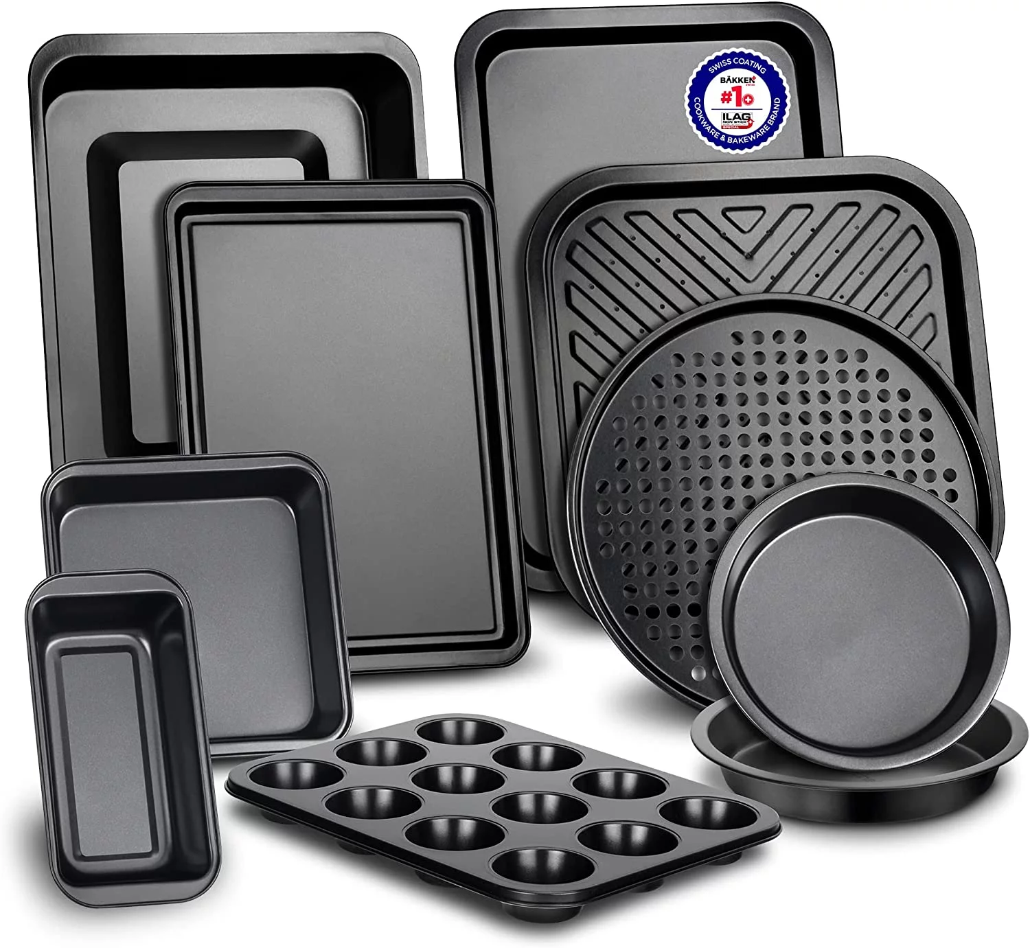 Baking Set – 10 Piece – Deluxe Non Stick Black Coating Inside and Outside – Carbon Steel Bakeware Set – PFOA PFOS and PTFE Free by Bakken