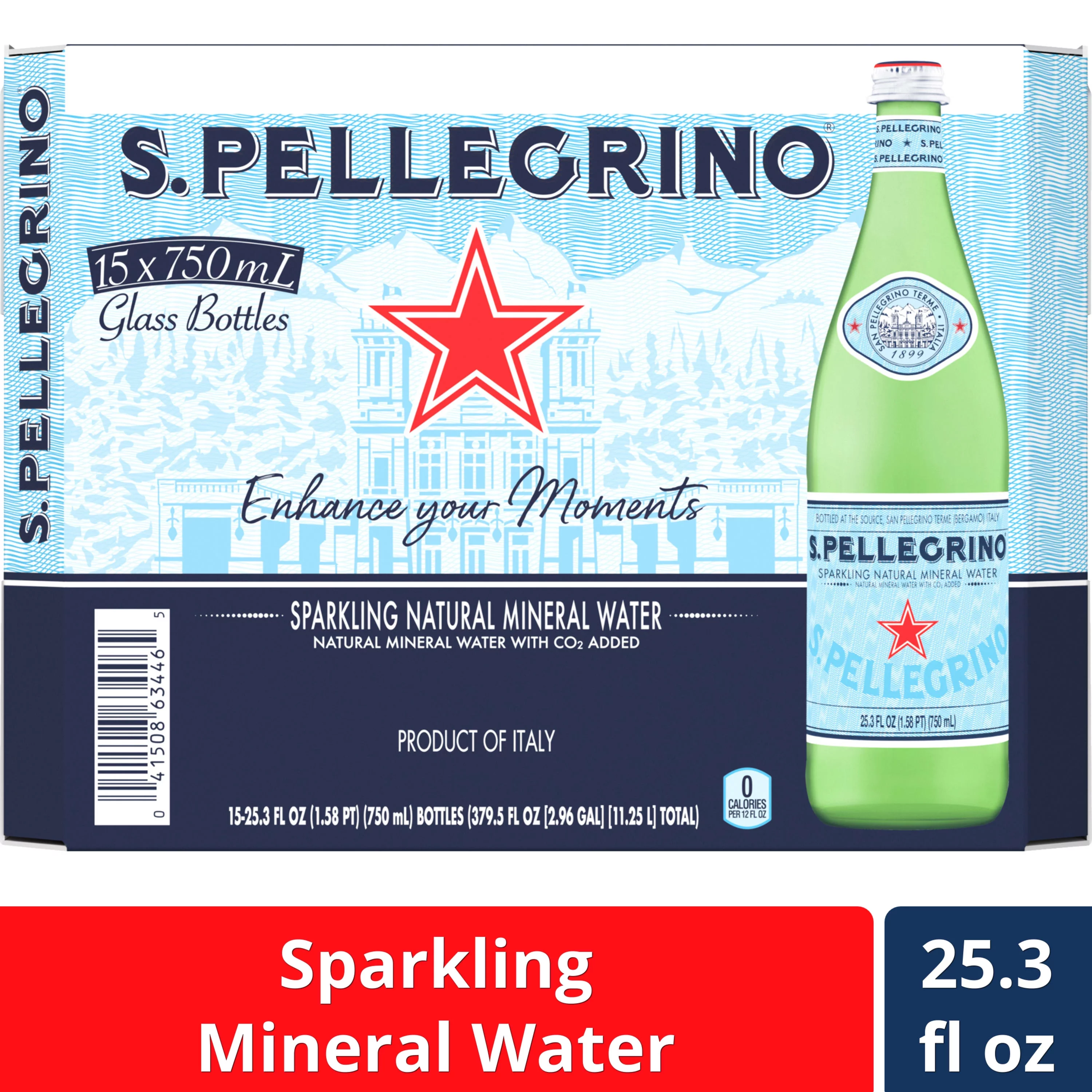 S.Pellegrino Sparkling Natural Mineral Water, 15 Pack of Glass Bottles 379.5 fl oz