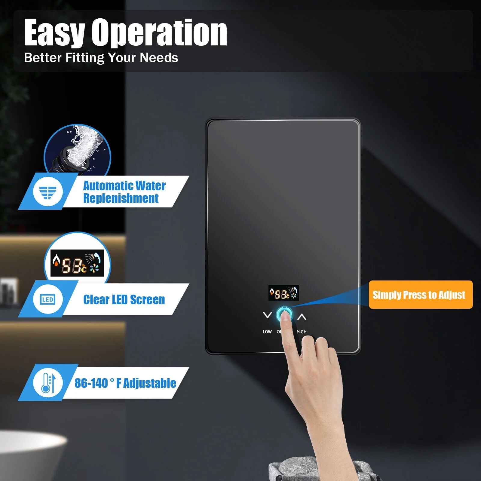 Instant Electric Tankless 6500W Home Hot Water Heater Whole House Black 220V 8L