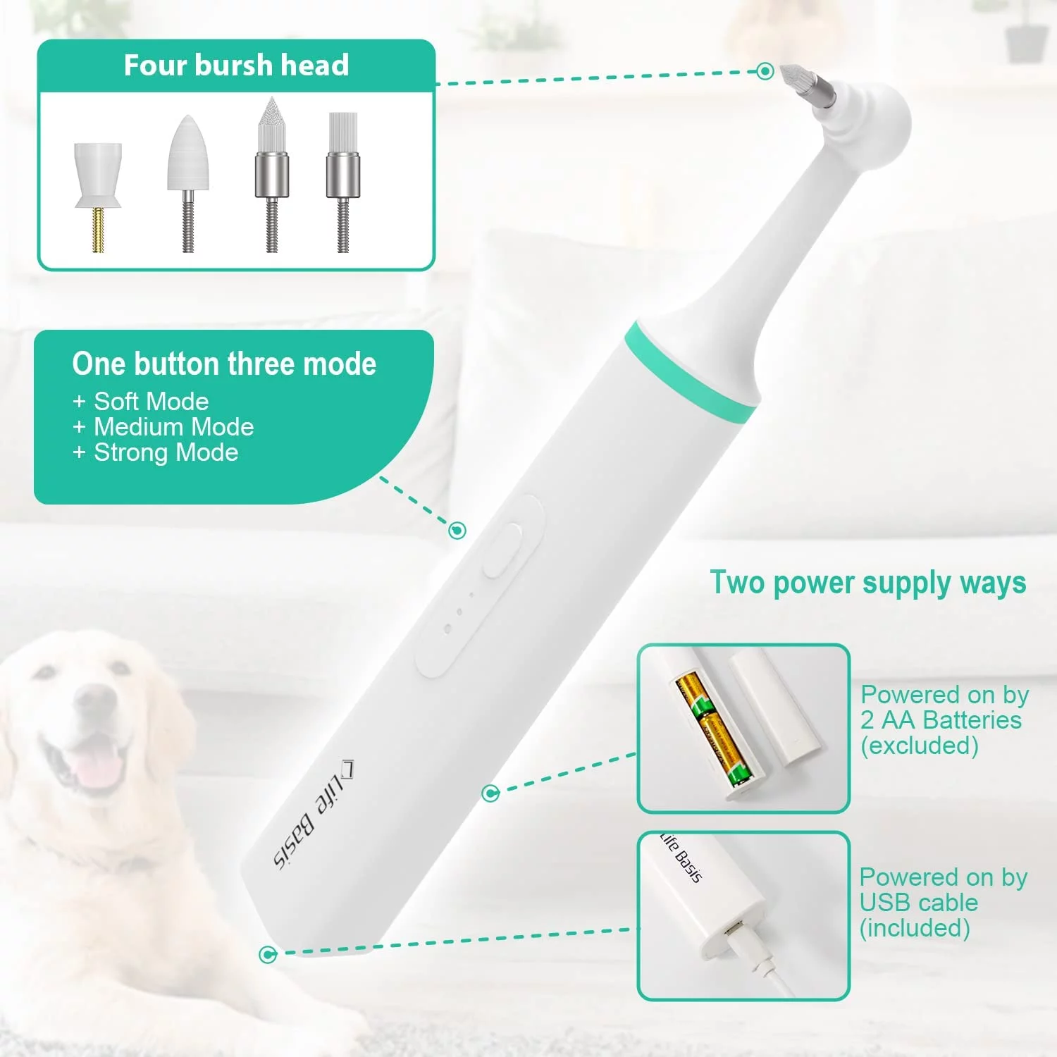 Dog Tartar Cleaner Electric Life Basis Professional Teeth Polisher Pet Calculus Plaque Stains Teeth Cleaner with 4 Brush Head Puppy Dental Scaler Care Cleaning Tools Kit