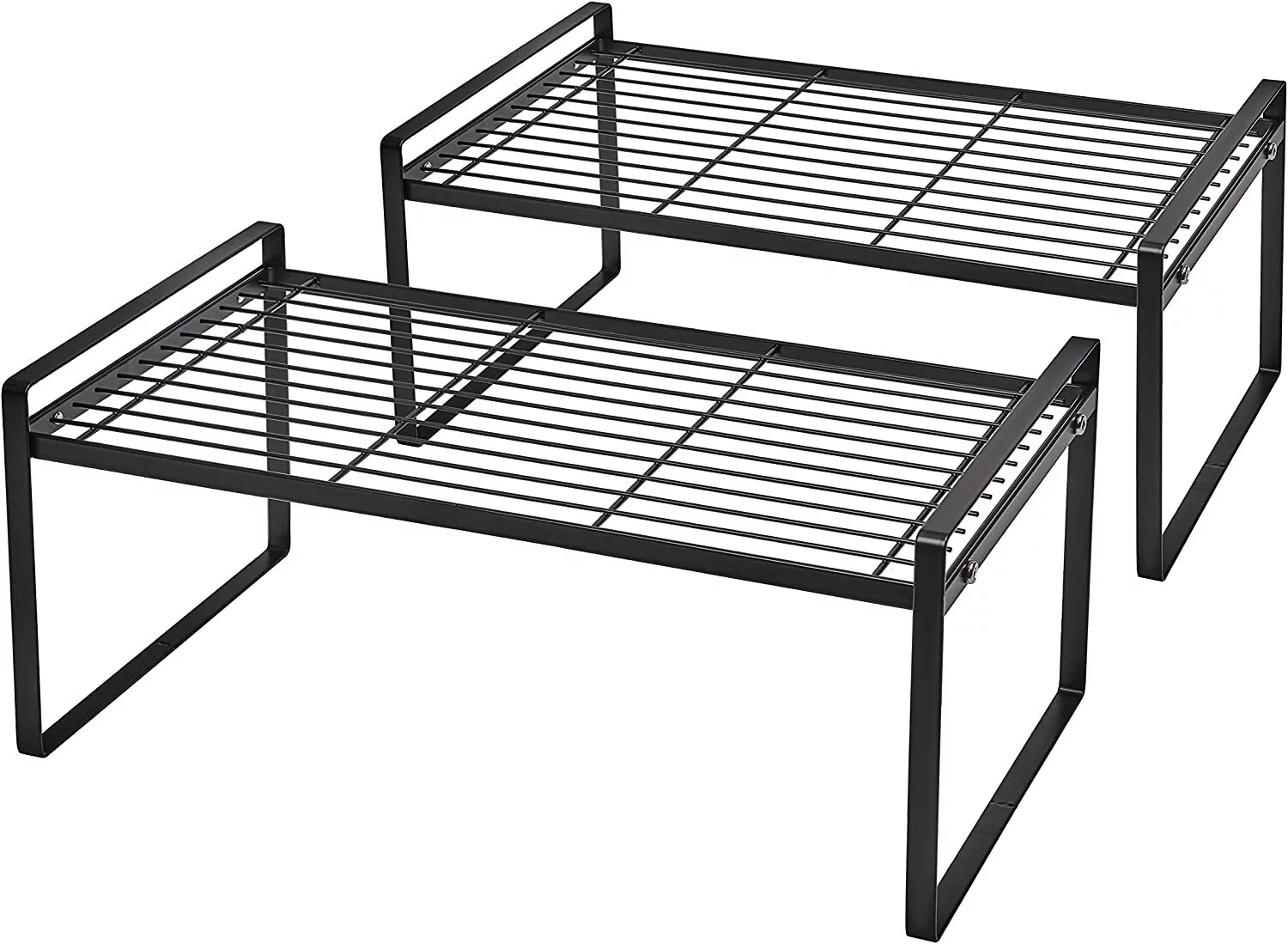 SUNFICON 2 Pack Cabinet Shelf Organizer Storage Rack Space Saving for Kitchen Counter Pantry Bathroom Cupboard Under Sink Office Table Desk Steel Stackable Rust Resistant 20”Black w Connected Hooks