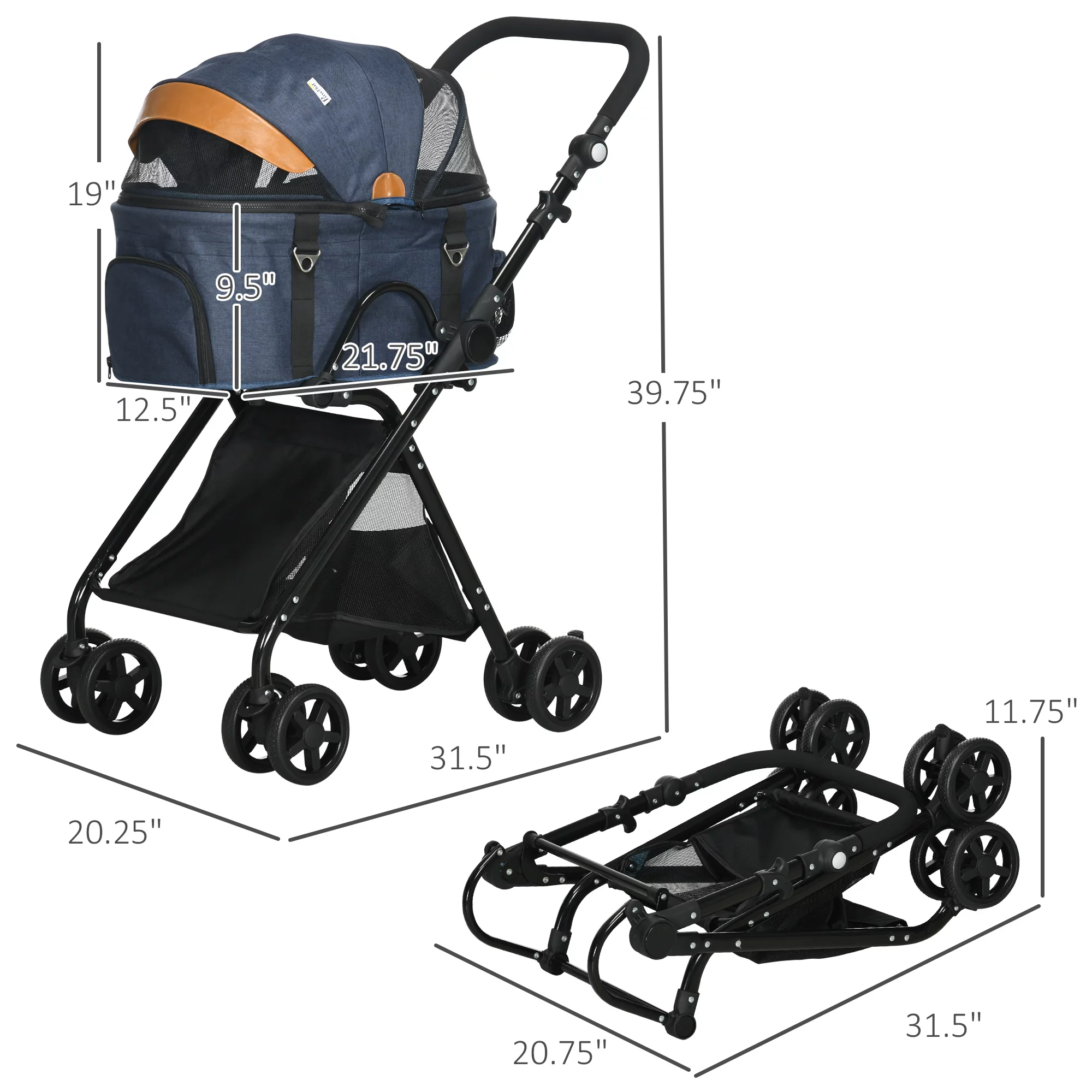 PawHut 2 in1 Foldable Pet Stroller and Detachable Travel Carriage with Lockable Wheels, Adjustable Handlebar Canopy and Zippered Mesh Window Blue