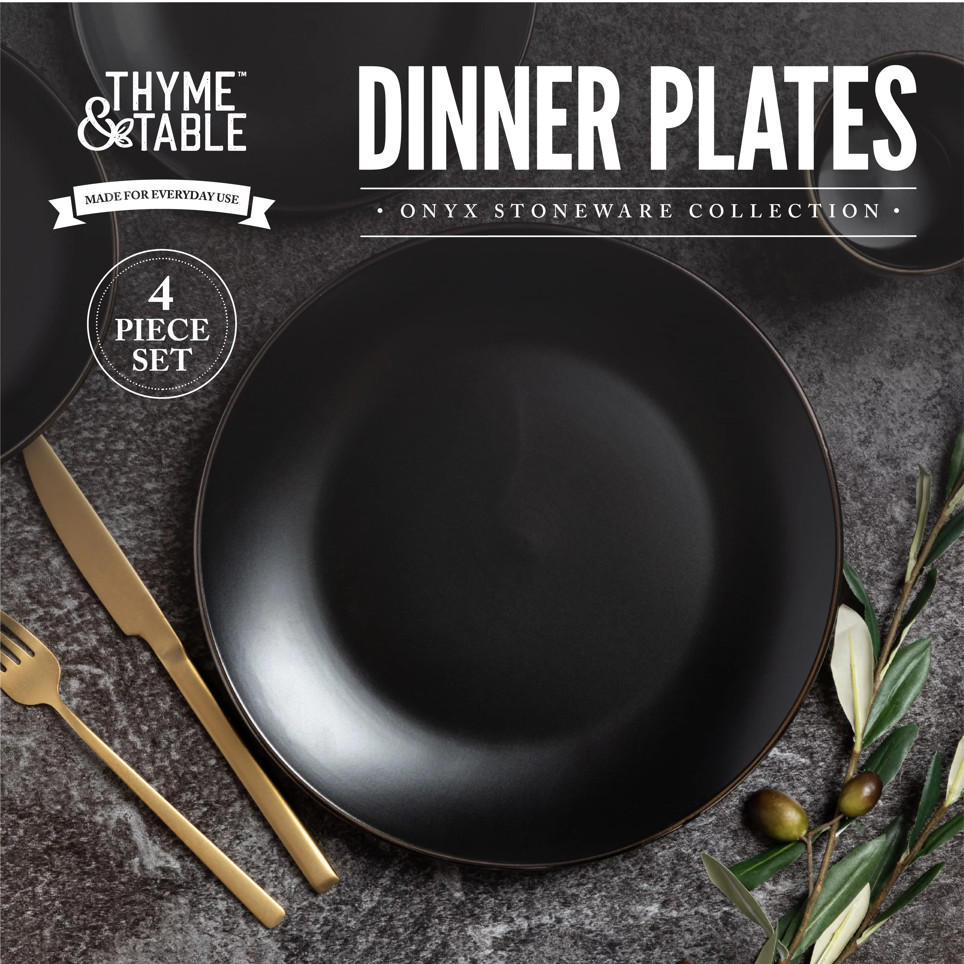 Thyme & Table Dinnerware Black Onyx Stoneware Dinner Round Plates, 4 Pack