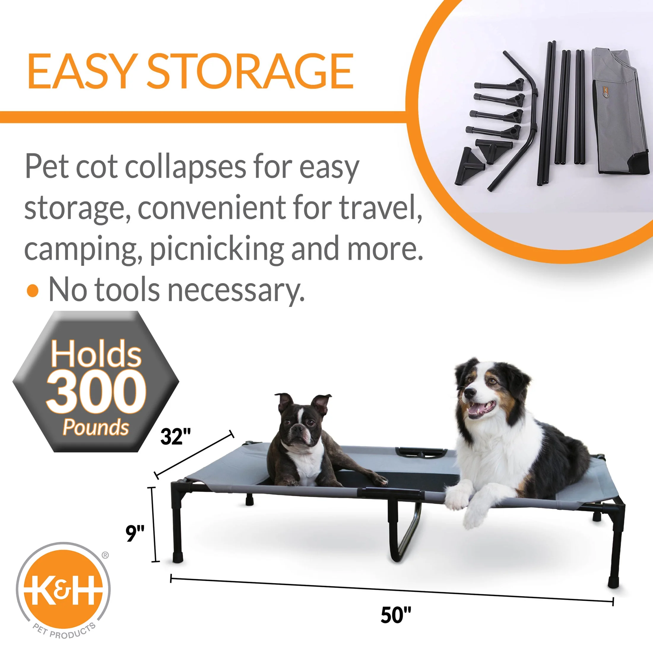 K&H Pet Products Original Pet Cot Elevated Dog Bed Gray/Black Mesh X-Large 32 X 50 X 9 Inches