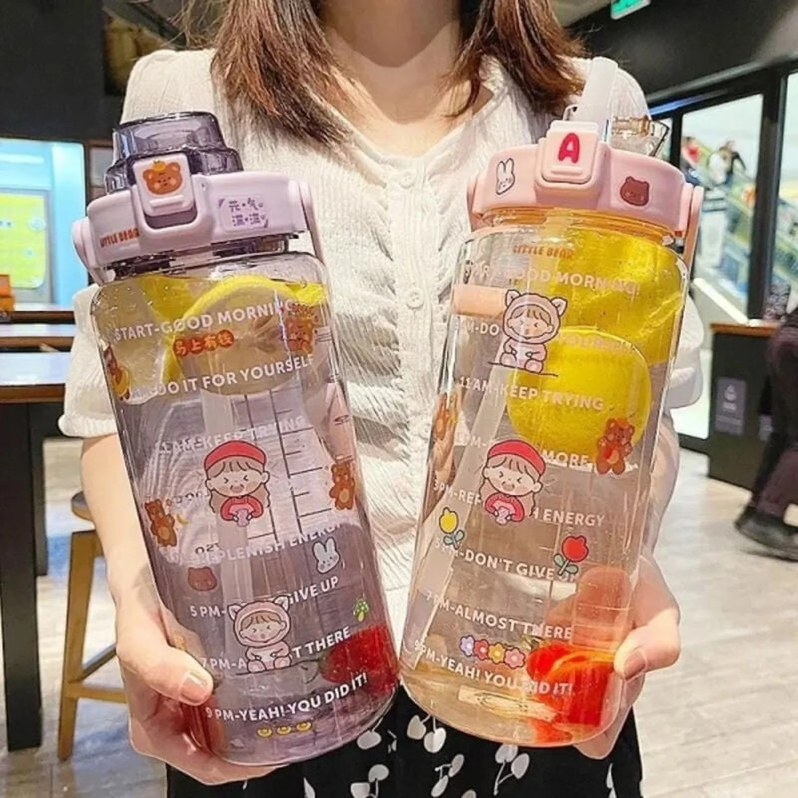 EAYSG 2pc 2 L Water Bottle with Straw Large Portable Travel Bottles Sport (Purple+Pink)