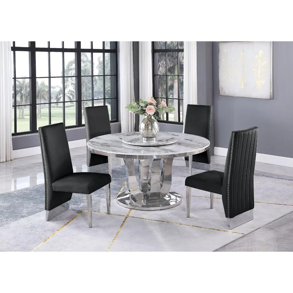 6pc. White Marble Dining Set with Lazy Susan and Silver Stainless Steel