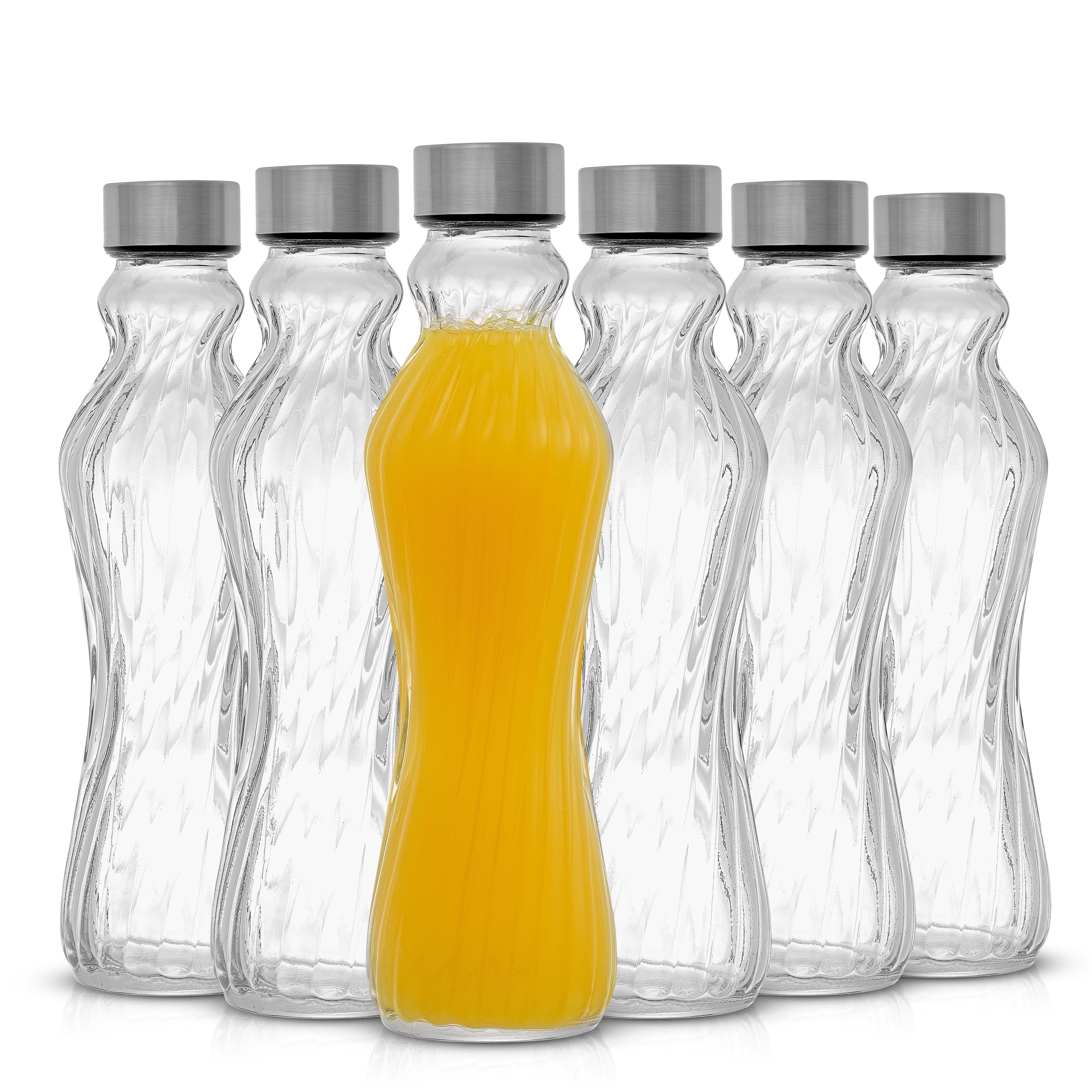 JoyJolt Fluted Spring Glass Drinking Water Bottles with Stainless Steel Lids 18oz [Set of 6]